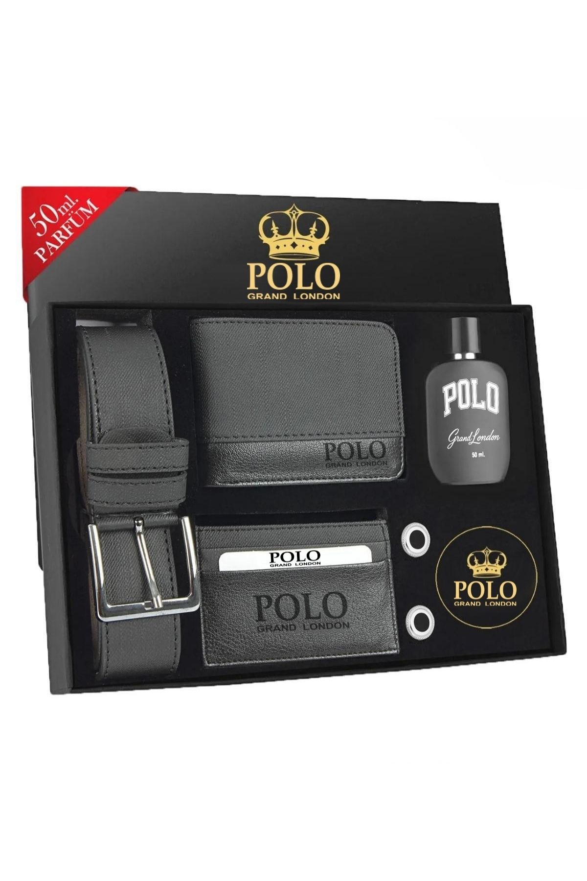 POLOGRAND London Orijinal Erkek 5'li Hediye Kutulu Luxury Serisi Deri Kemer Cüzdan Kartlık Kol Düğmesi Parfüm Seti