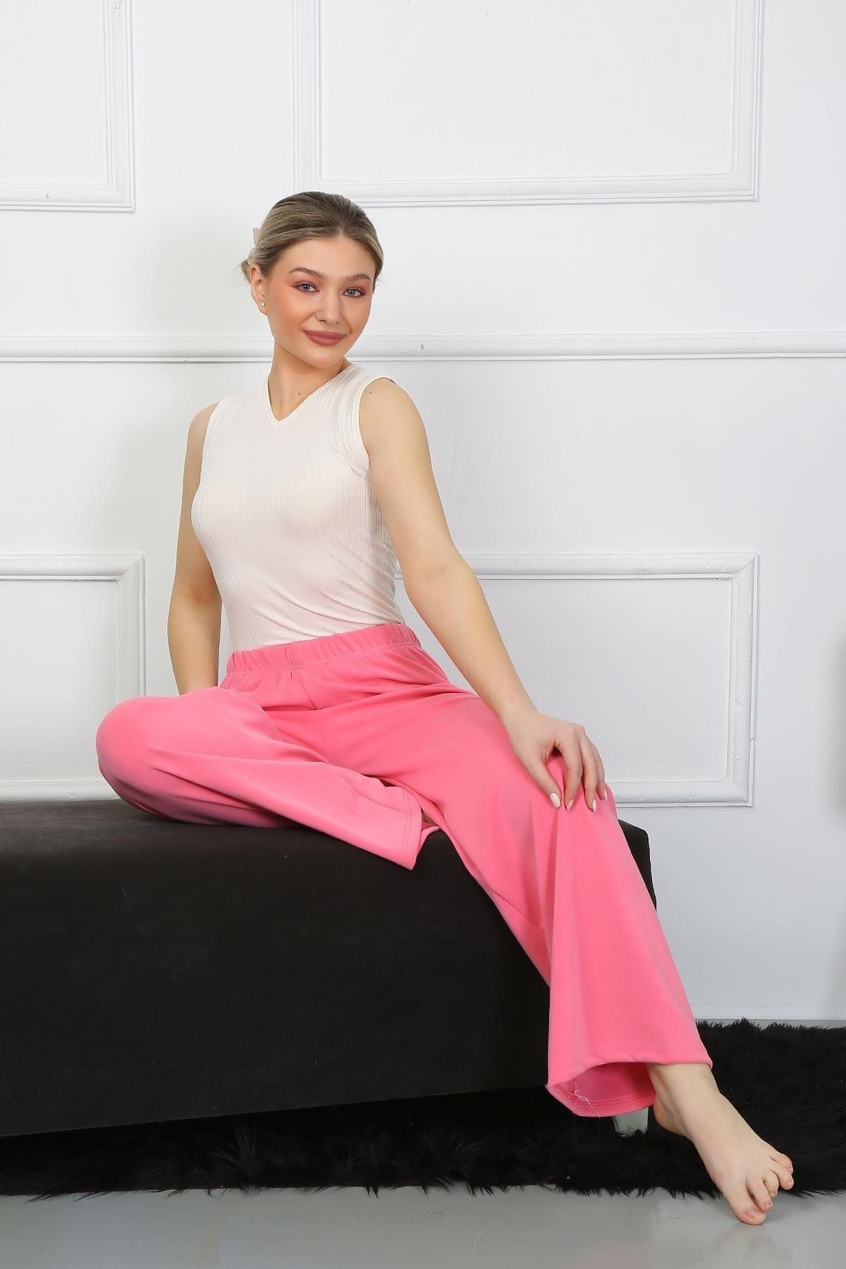 LLOHA Moda Çizgi Kadın Bol Paça Penye Pembe Alt Üst Takım 5501