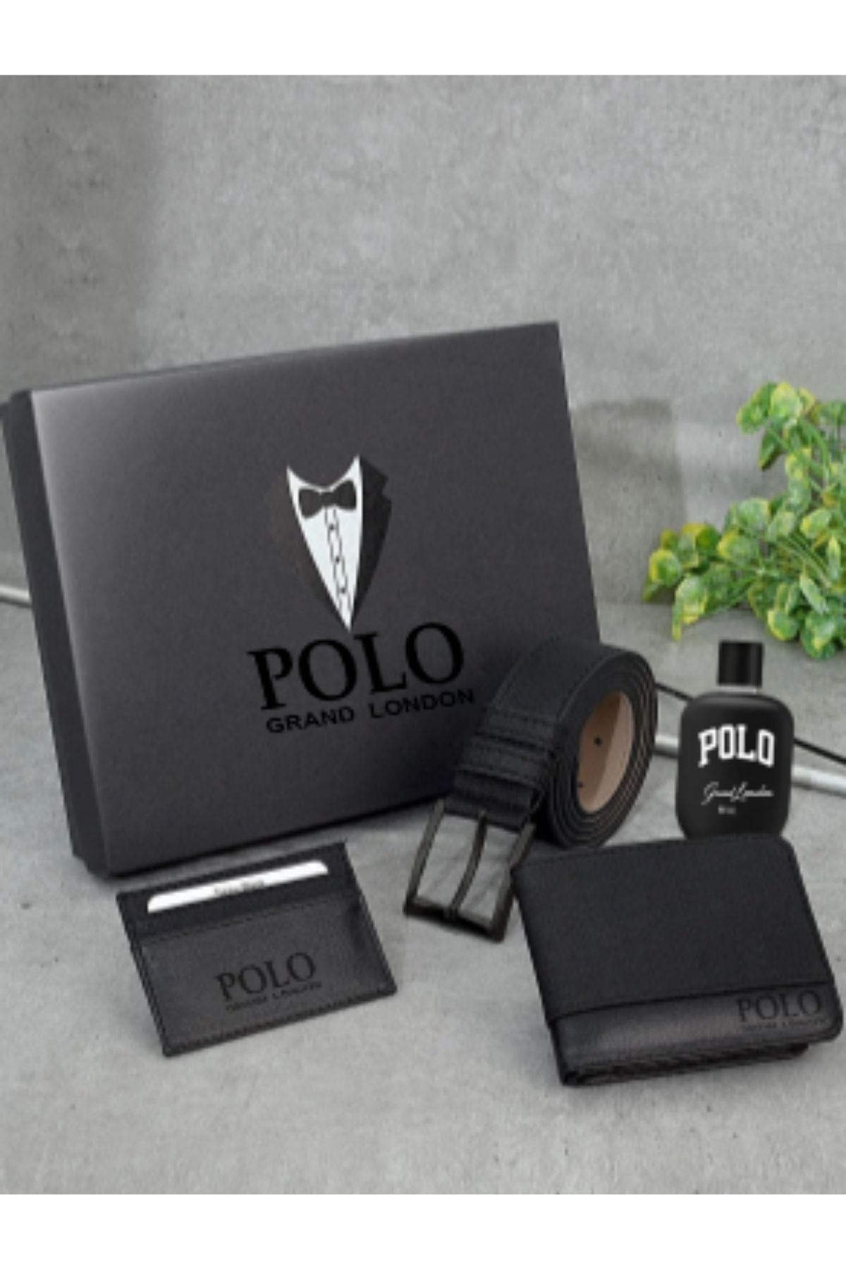 POLOGRAND London Erkek 4'lü Hediye Kutulu Serisi Damat Hediyelik Deri Kemer Cüzdan Kartlık Parfüm Set