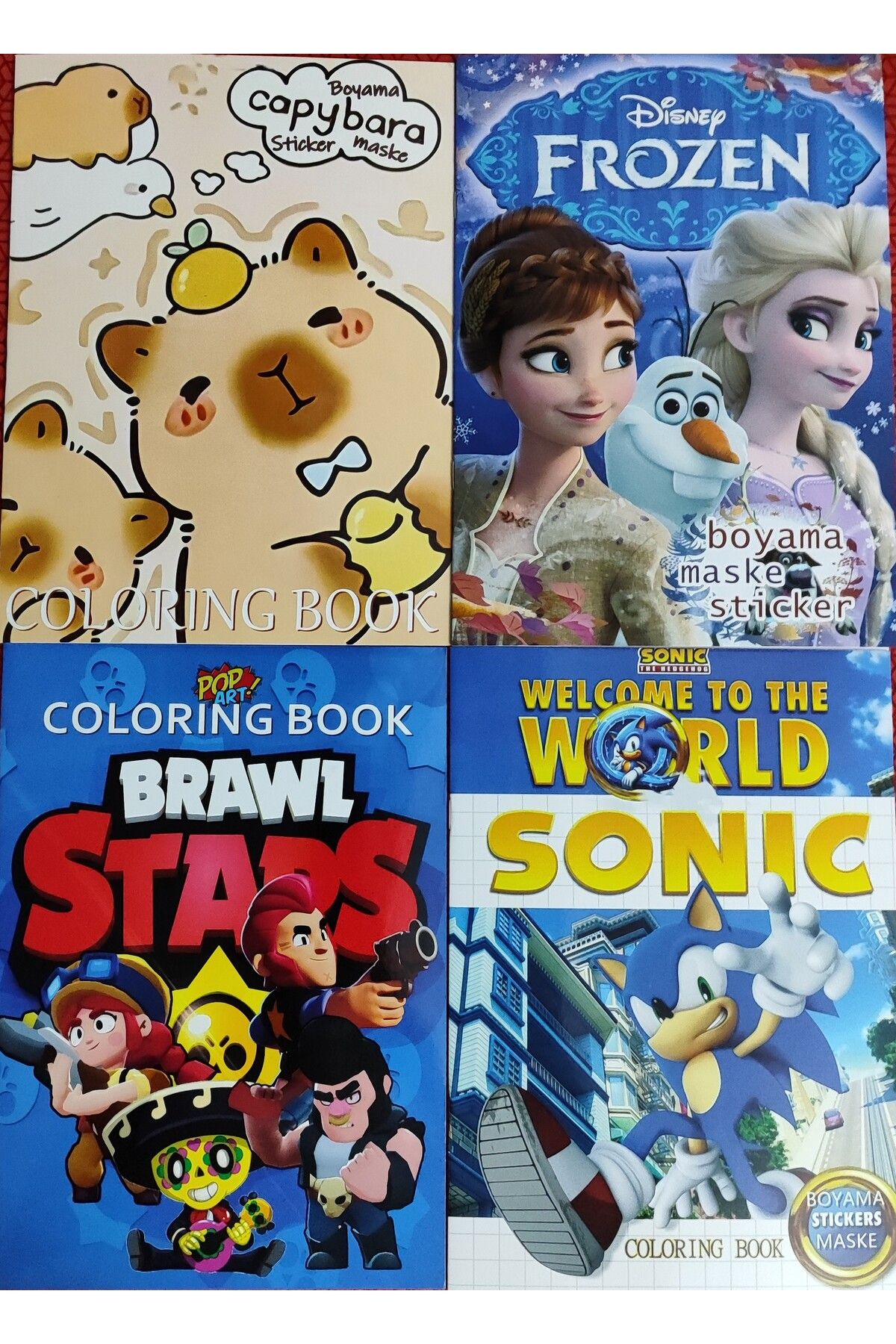 ada çanta kırtasiye 4 adet stickerli boyama kitabı (Frozen/capybara*/brawlstars /sonic figürlü)
