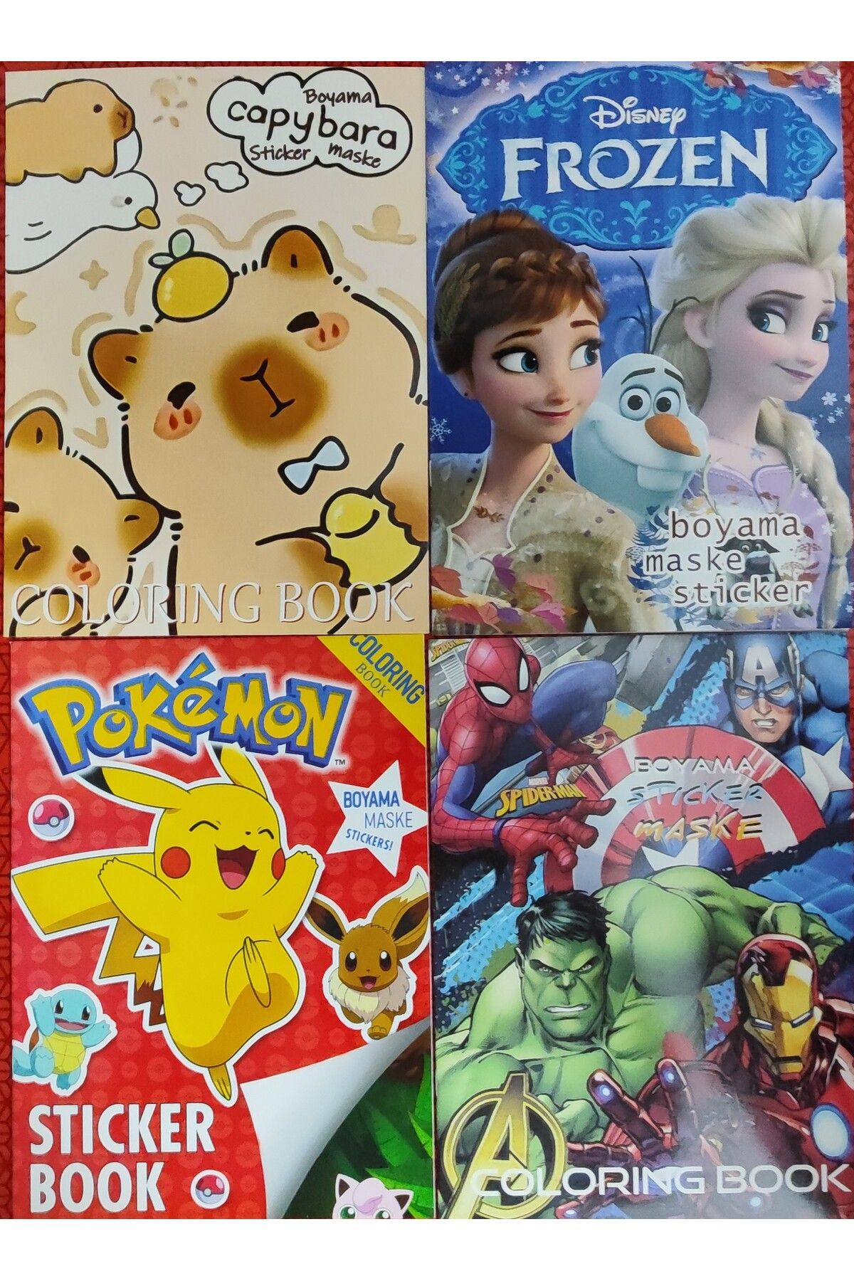 ada çanta kırtasiye 4 adet stickerli boyama kitabı (Frozen/capybara*/pocemon /süper kahramanlar figürlü)