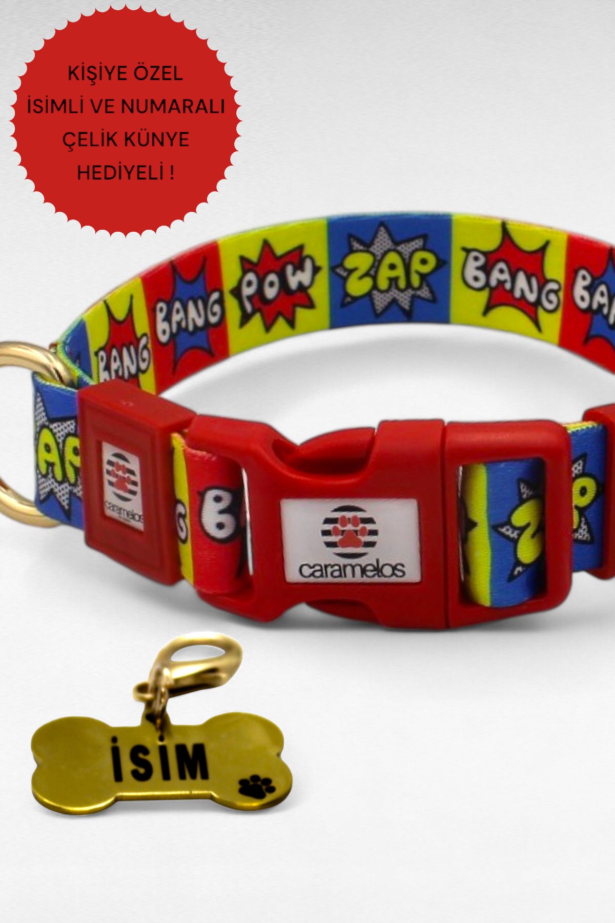 CARAMELOS İSİMLİ KÖPEK TASMASI, İSİMLİ TASMA, ORTA VE BÜYÜK IRK TASMA, KÖPEK TASMA, KİŞİYE ÖZEL TASMA, 2,5 CM