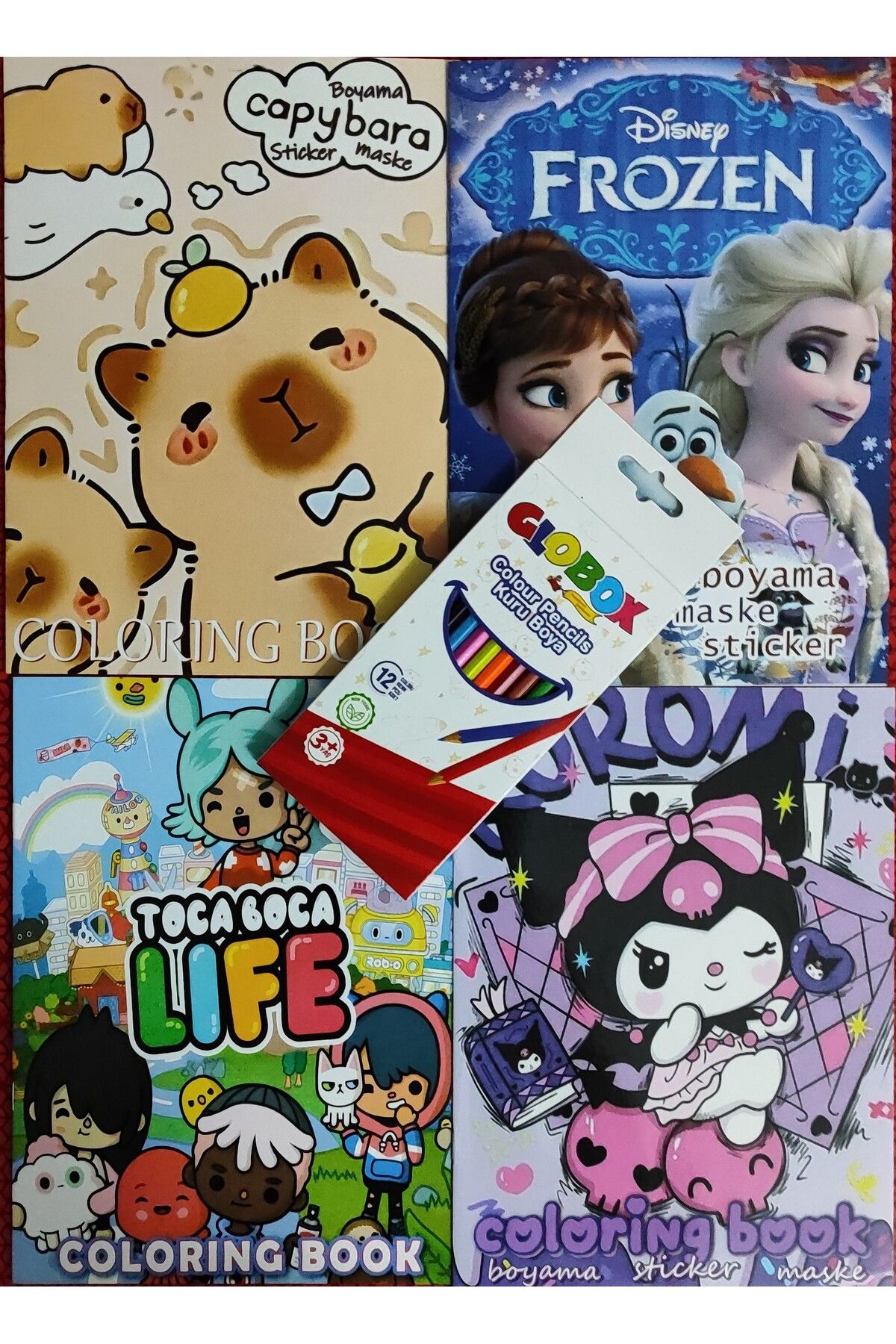 ada çanta kırtasiye 4 adet stickerli boyama kitabı 12 li kuru boya kalemi hediyeli AD501603