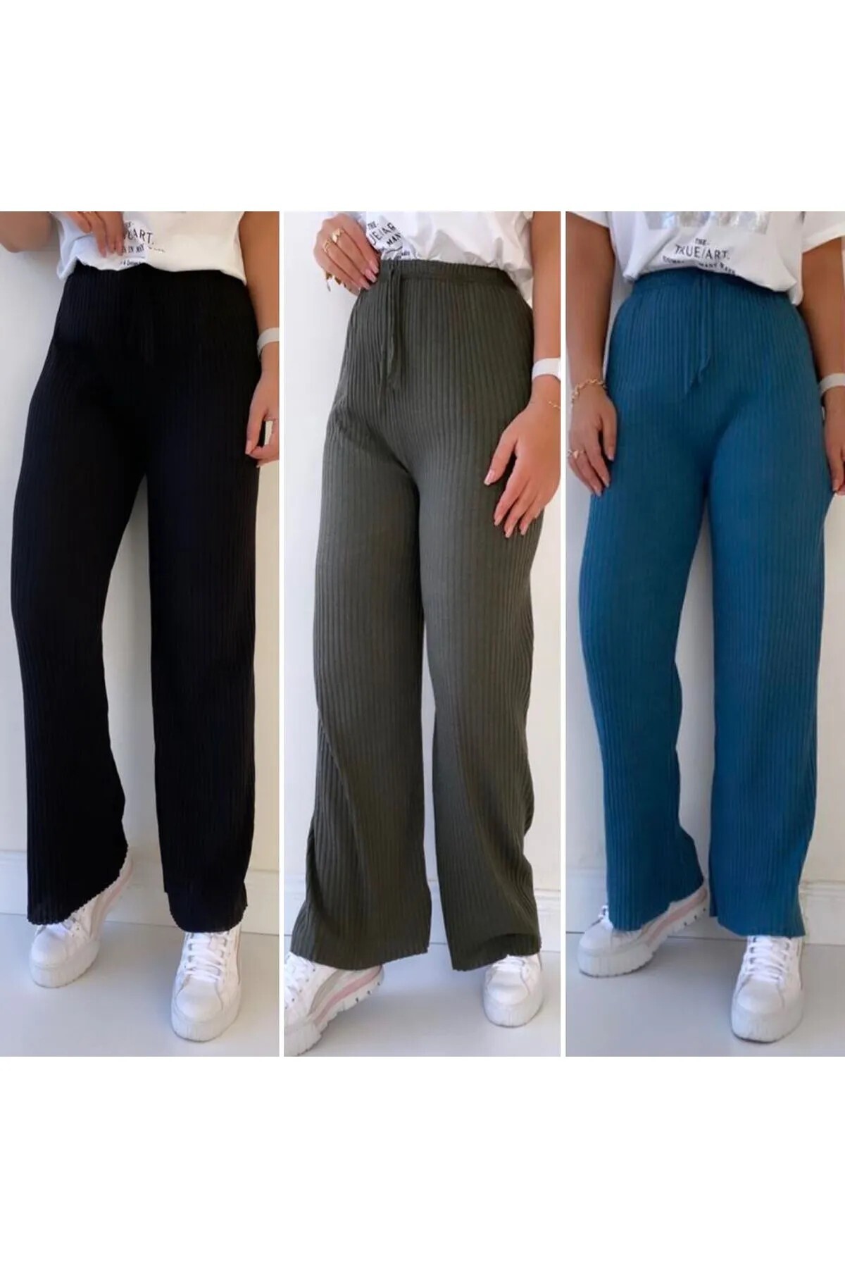 ipek collection KHaki-olejovo-čierne 3-dielne dámske rebrované nohavice a tep...