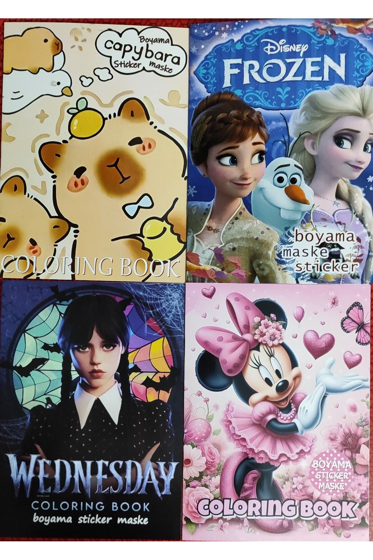 ada çanta kırtasiye 4 adet stickerli boyama kitabı (Frozen/capybara*/wednesday /minnie figürlü)