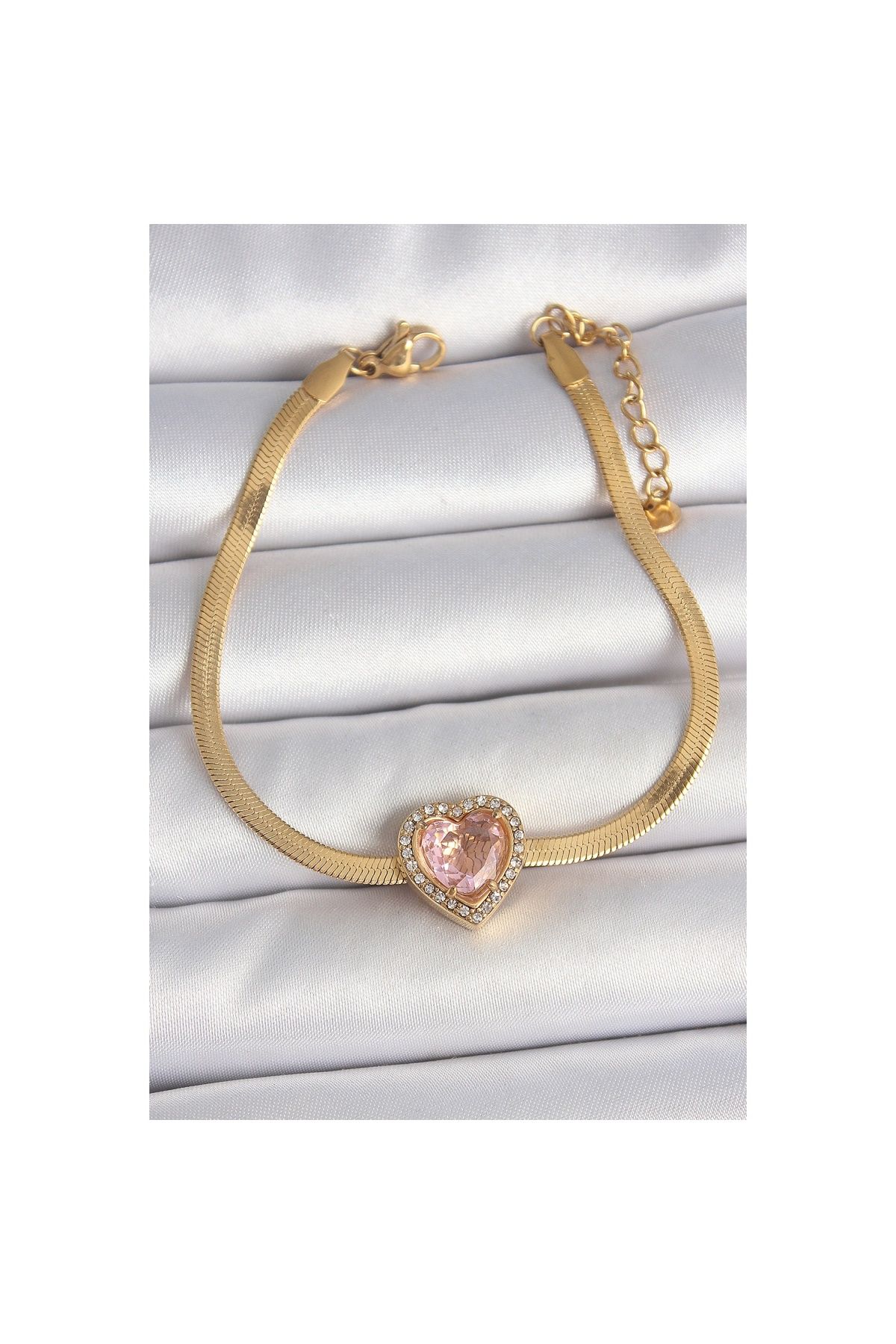 Ayder Timya 316l Çelik Gold Renk İtalyan Zincir Pembe Zirkon Taşlı Kalp Model Kadın Bileklik - Tj-bb6952