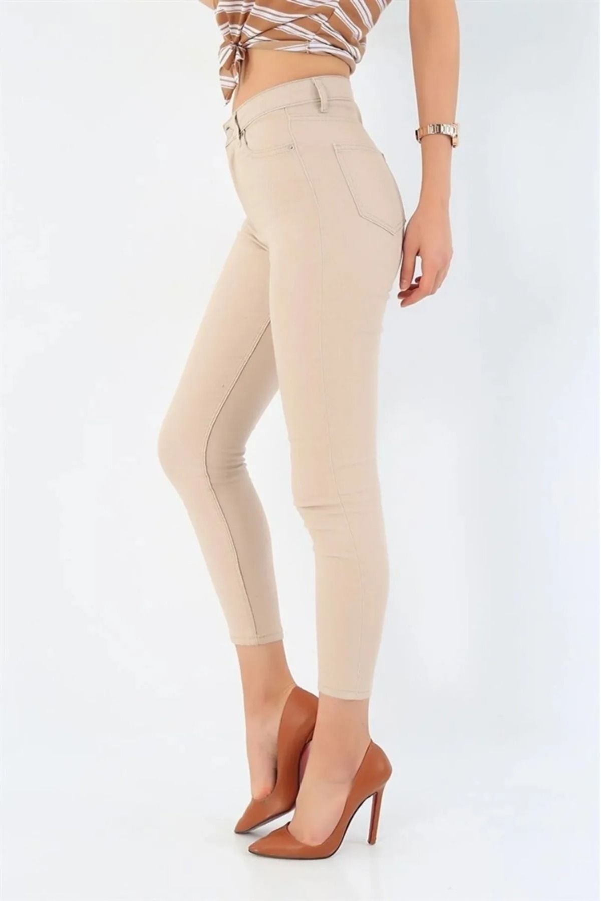 TugsatTasarTekstil Blugi Super Skinny Bej Crem Pantaloni De Damă Skinny Cu Picioare Strânse Femeie - 29