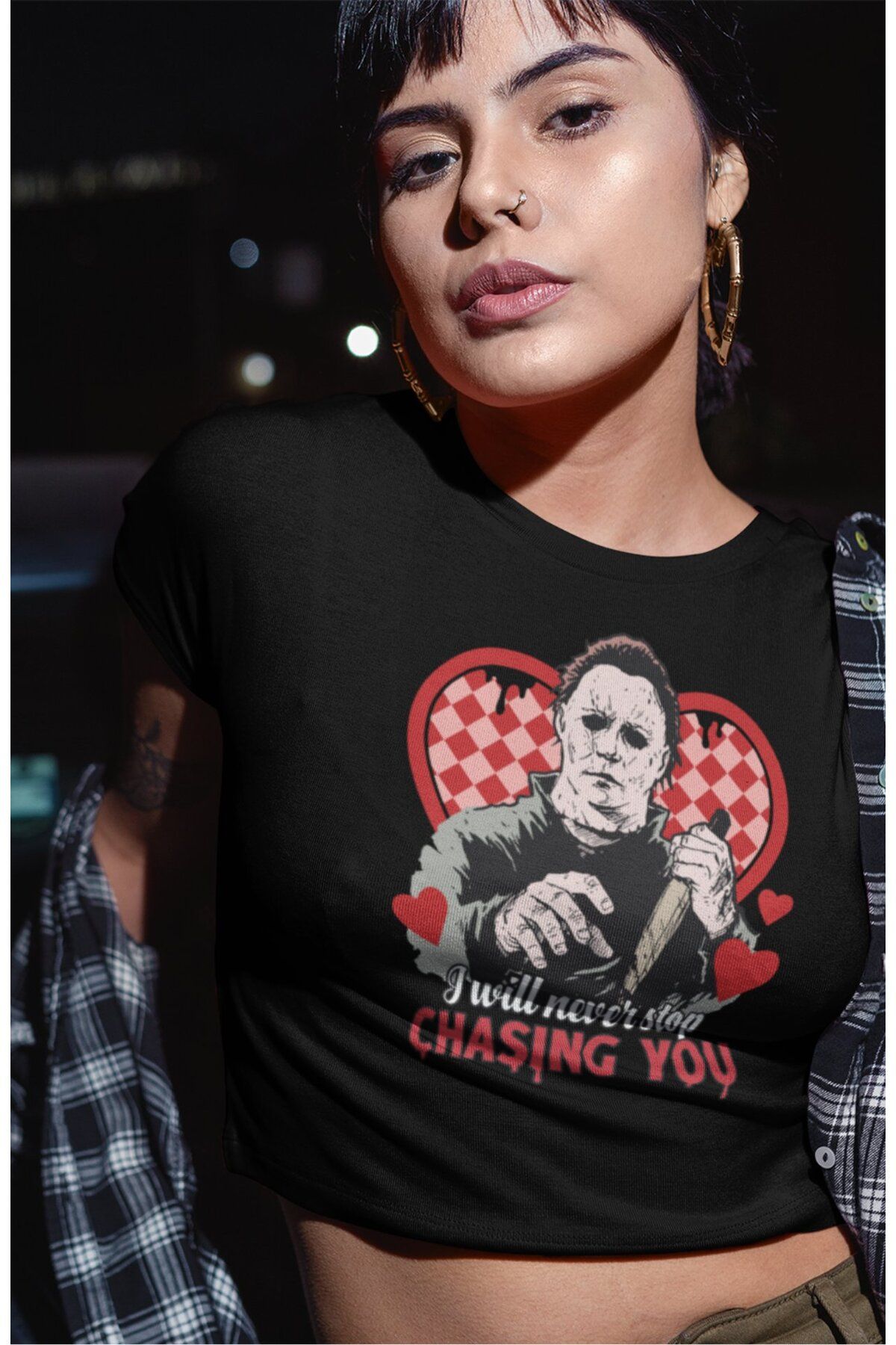 Fuddy Moda I Will Never Stop Chasing You Yazılı Crop Top, Kadın Korku Film Halloween Temalı Crop Bluz