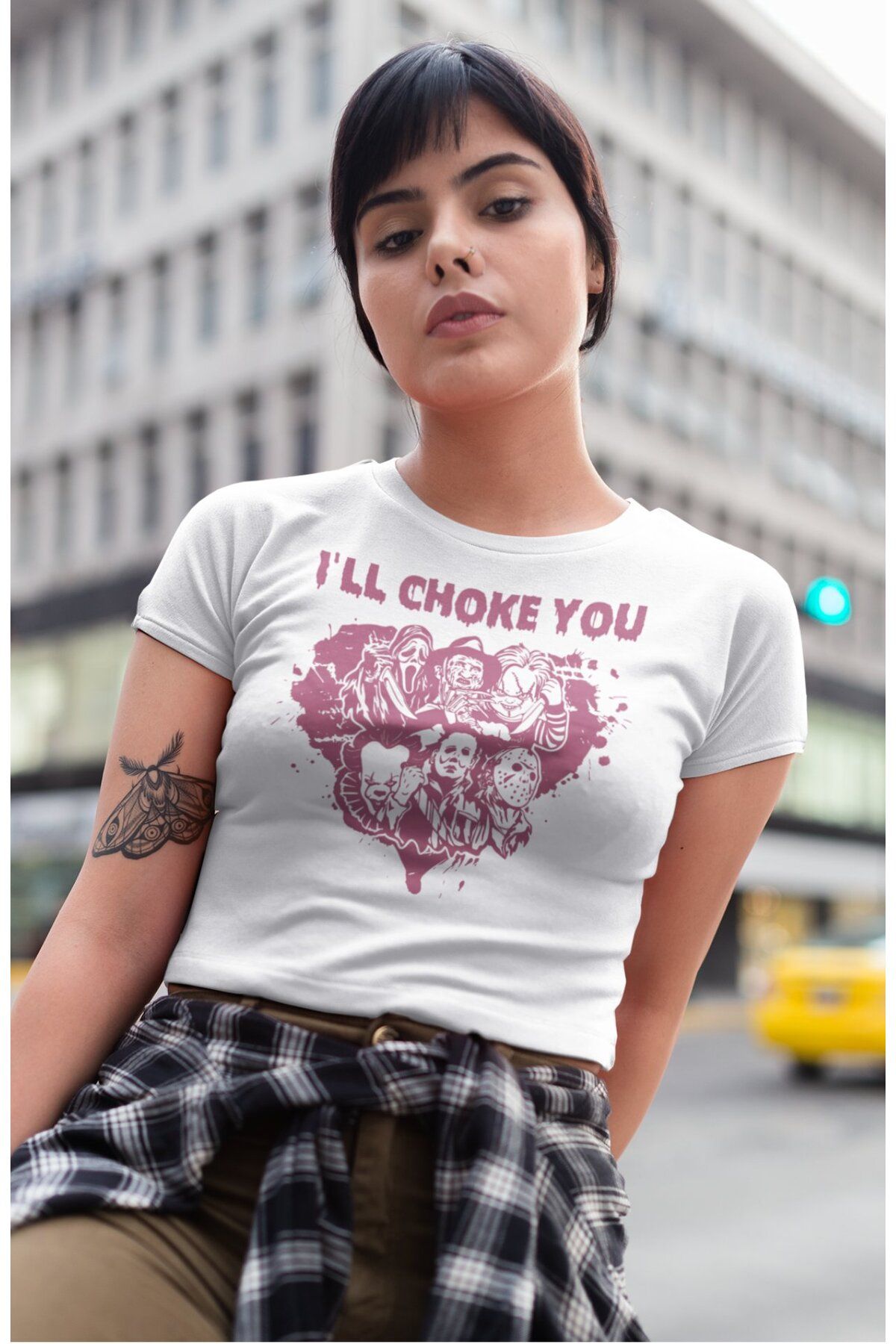 Fuddy Moda I'LL Choke You Yazılı Crop Top, Kadın Korku Film Halloween Temalı Crop Bluz