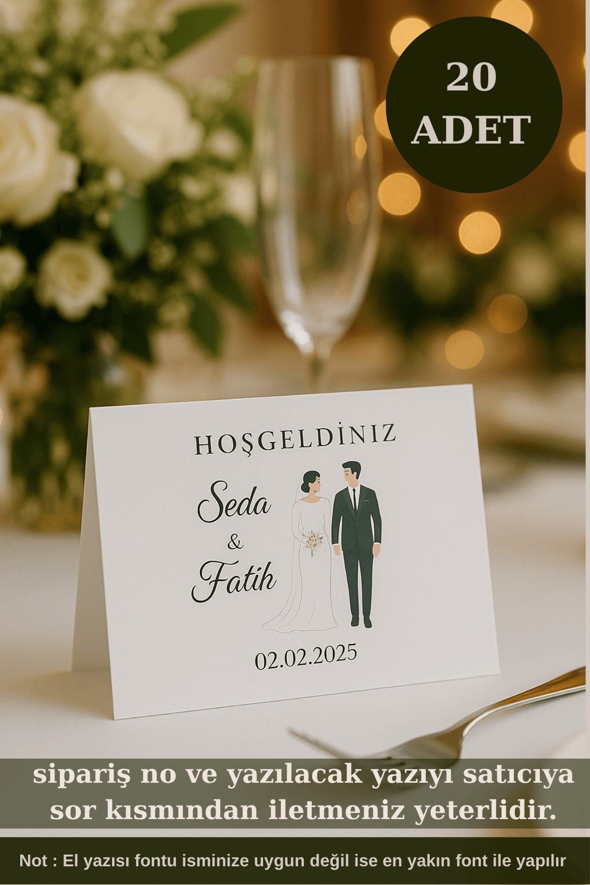 Emtory Home Gelin & Damat | 20 Adet Masa Kartı - Nişan Masa Kartı - Nikah Masa Kartı - Tek Yön 1.hamur