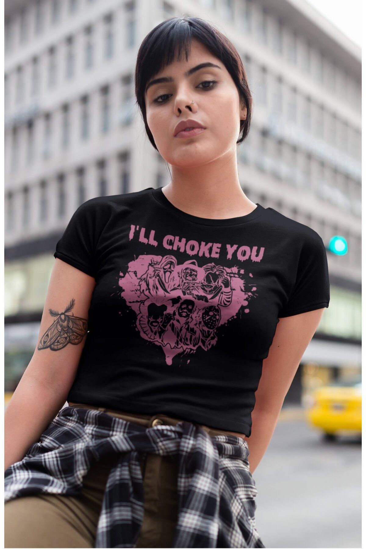 Fuddy Moda I'LL Choke You Yazılı Crop Top, Kadın Korku Film Halloween Temalı Crop Bluz
