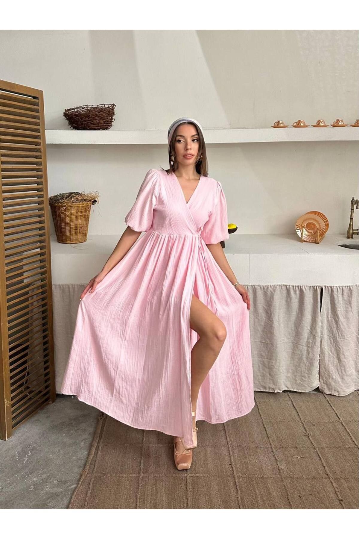 Castivo Fashion V Yaka Kuşaklı Anvelop Kısa Kollu Muslin Maxi Elbise
