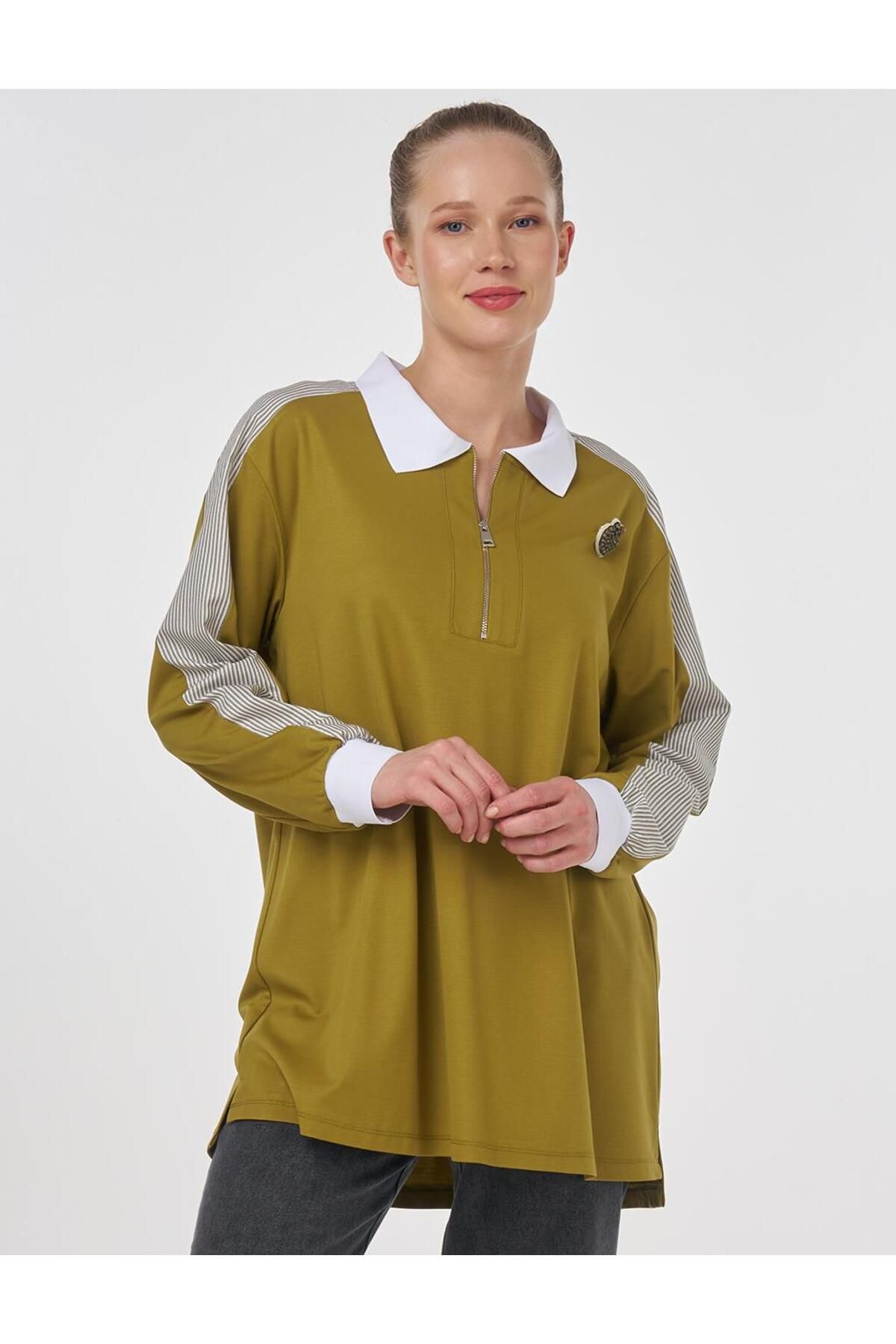 KYR Broşlu Kumaş Garnili Sweatshirt Haki