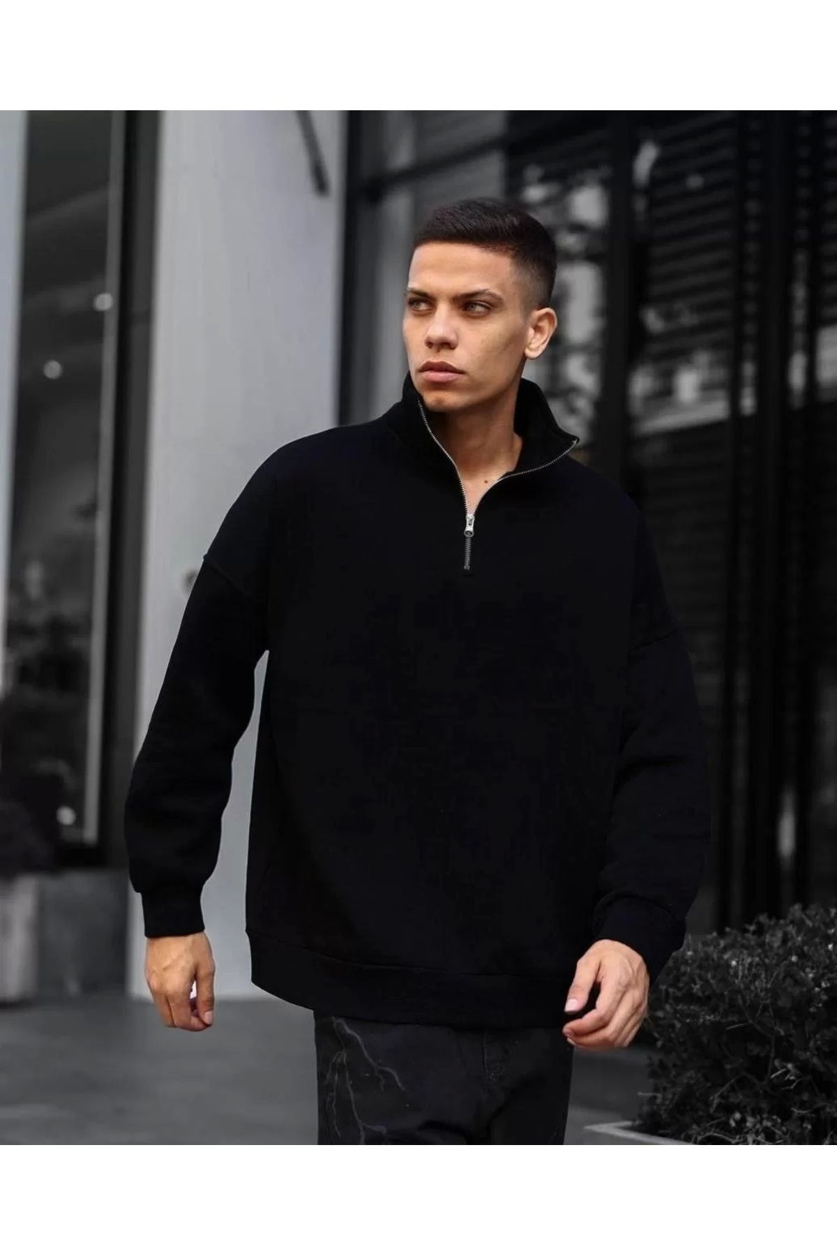 luz&pos Erkek Yarım Fermuarlı Üç İplik Sweatshirt - Siyah