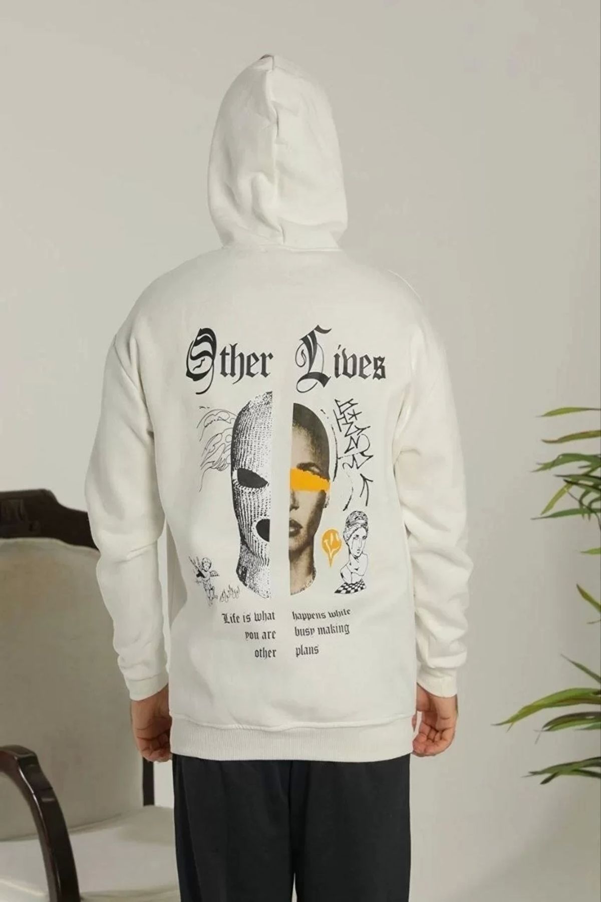luz&pos Erkek Sırt Baskılı Oversize Üç İplik Kapüşonlu Sweatshirt - Beyaz