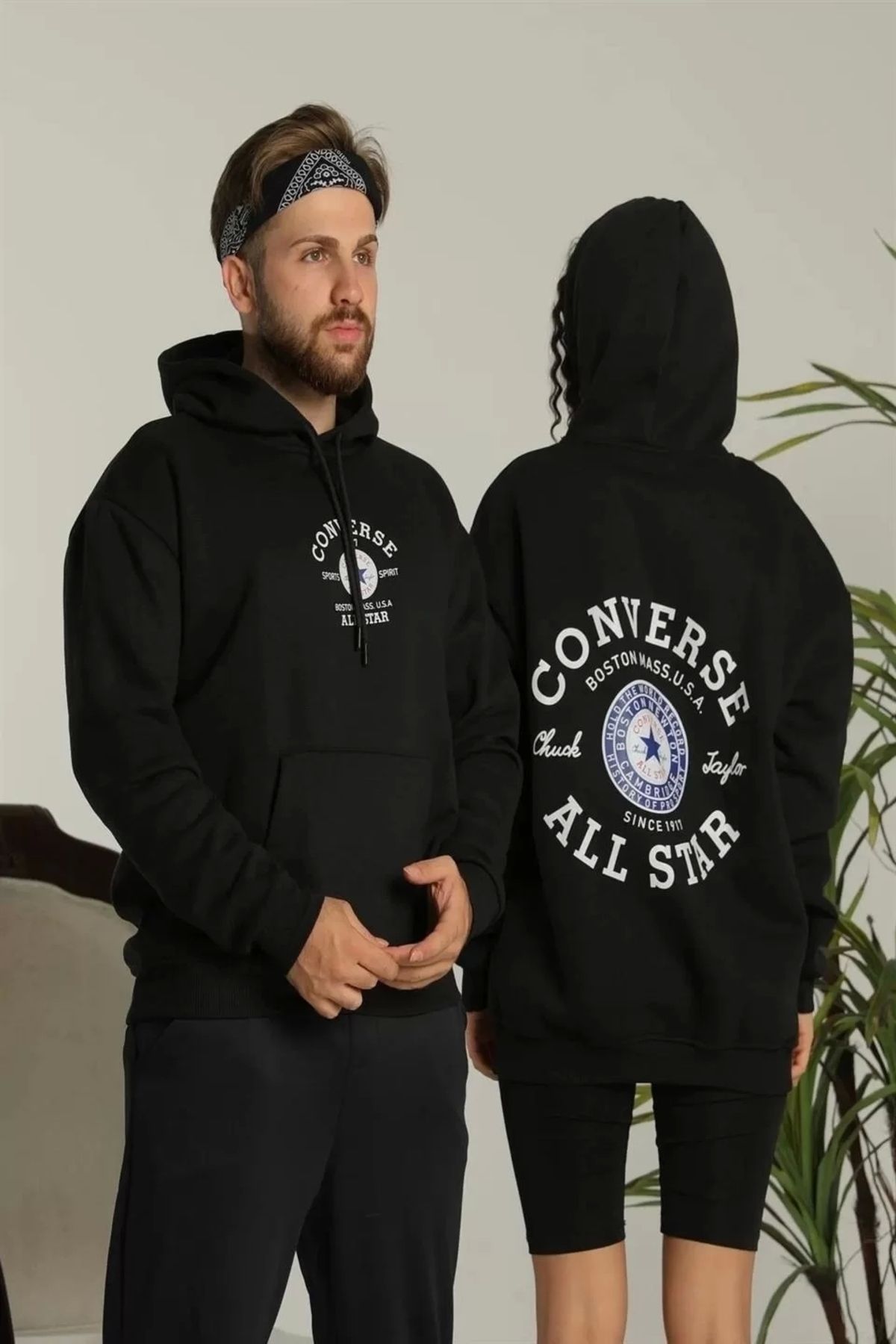 luz&pos Erkek Sırt Baskılı Oversize Üç İplik Kapüşonlu Hoodie Sweatshirt - Siyah