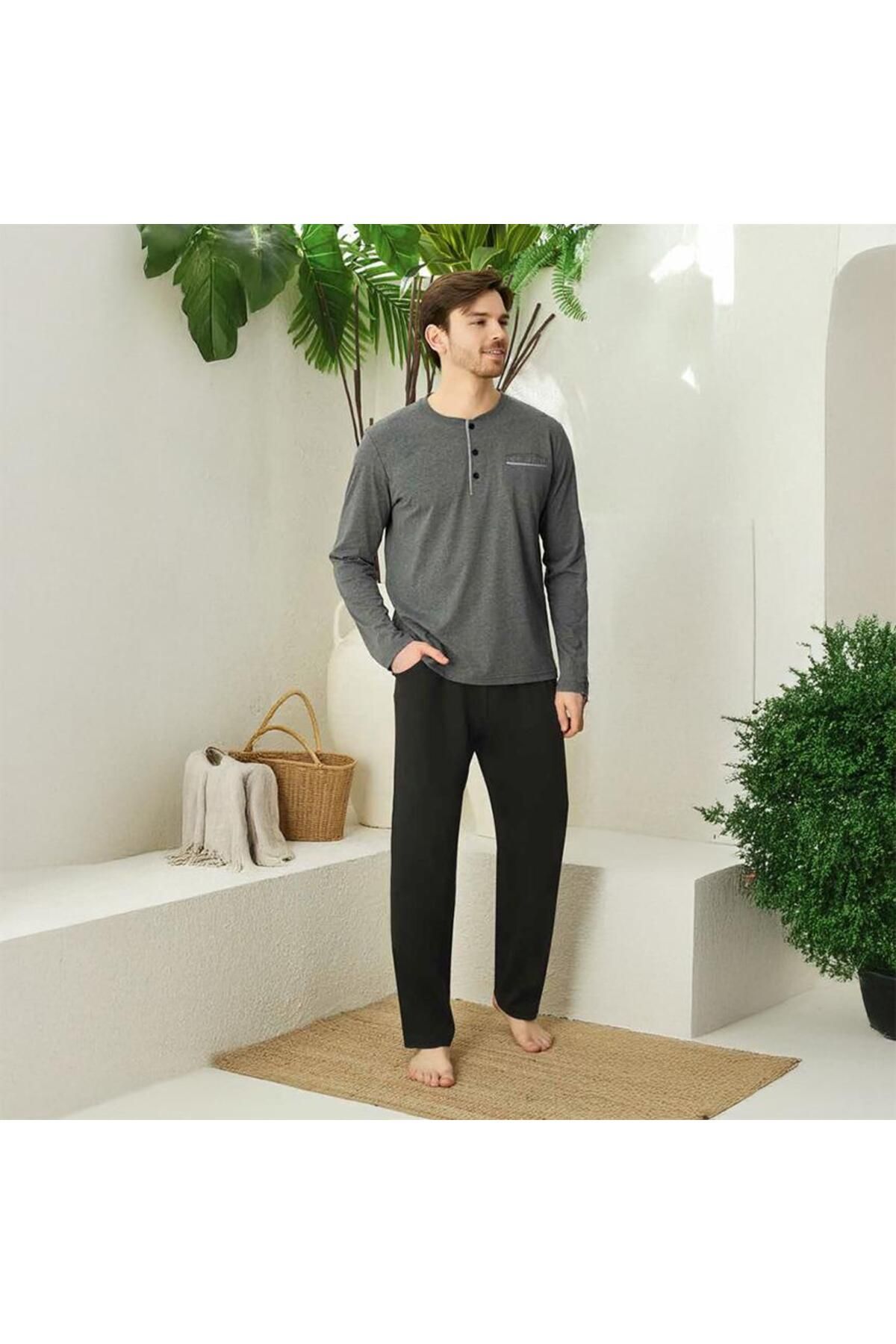 elitepoint 1555 Erkek Yazlık Büyük Beden Uzun Kol Uzun Alt Pijama Takımı