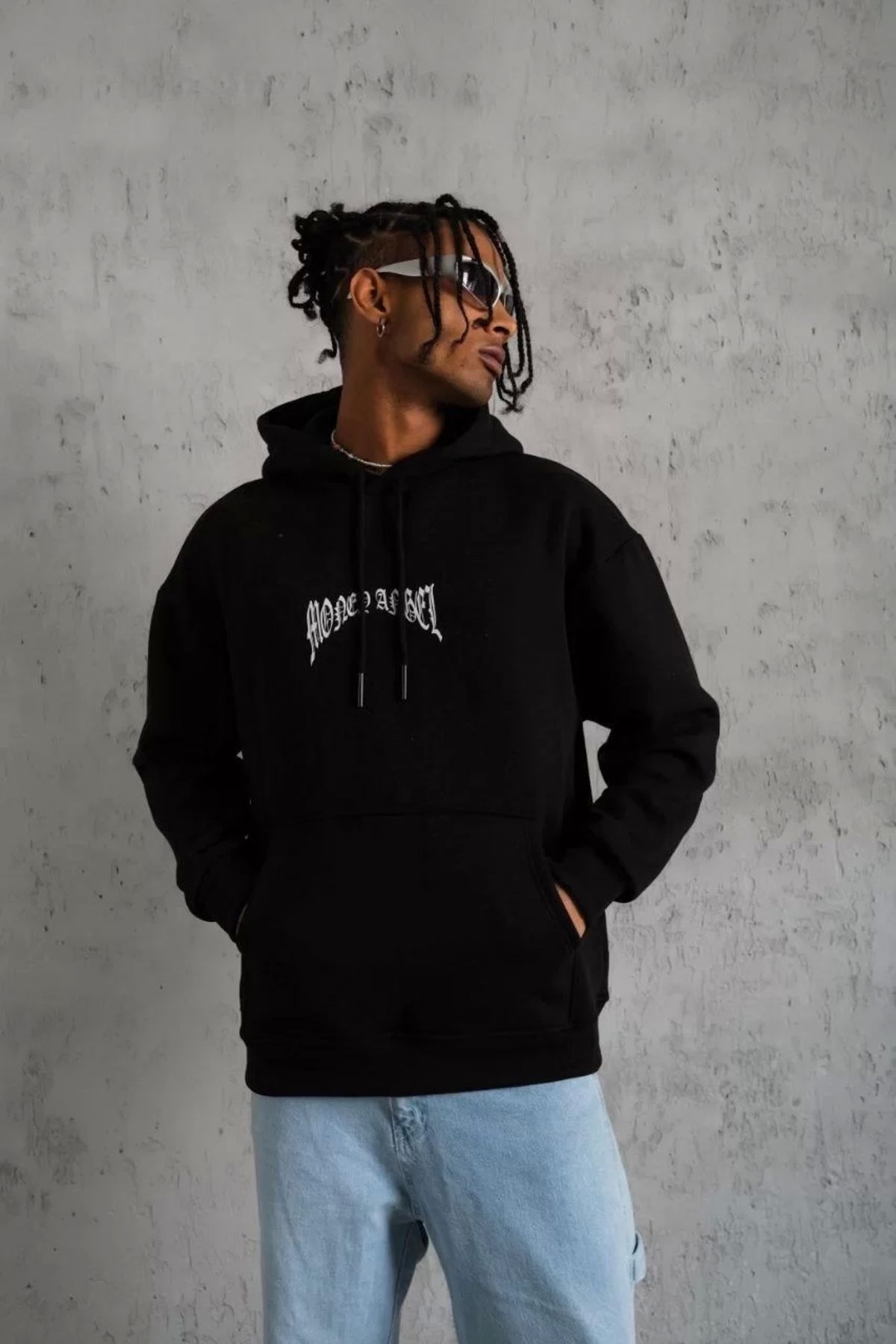 luz&pos Erkek Kordon İpli Baskılı Kapüşonlu Sweatshirt - Siyah