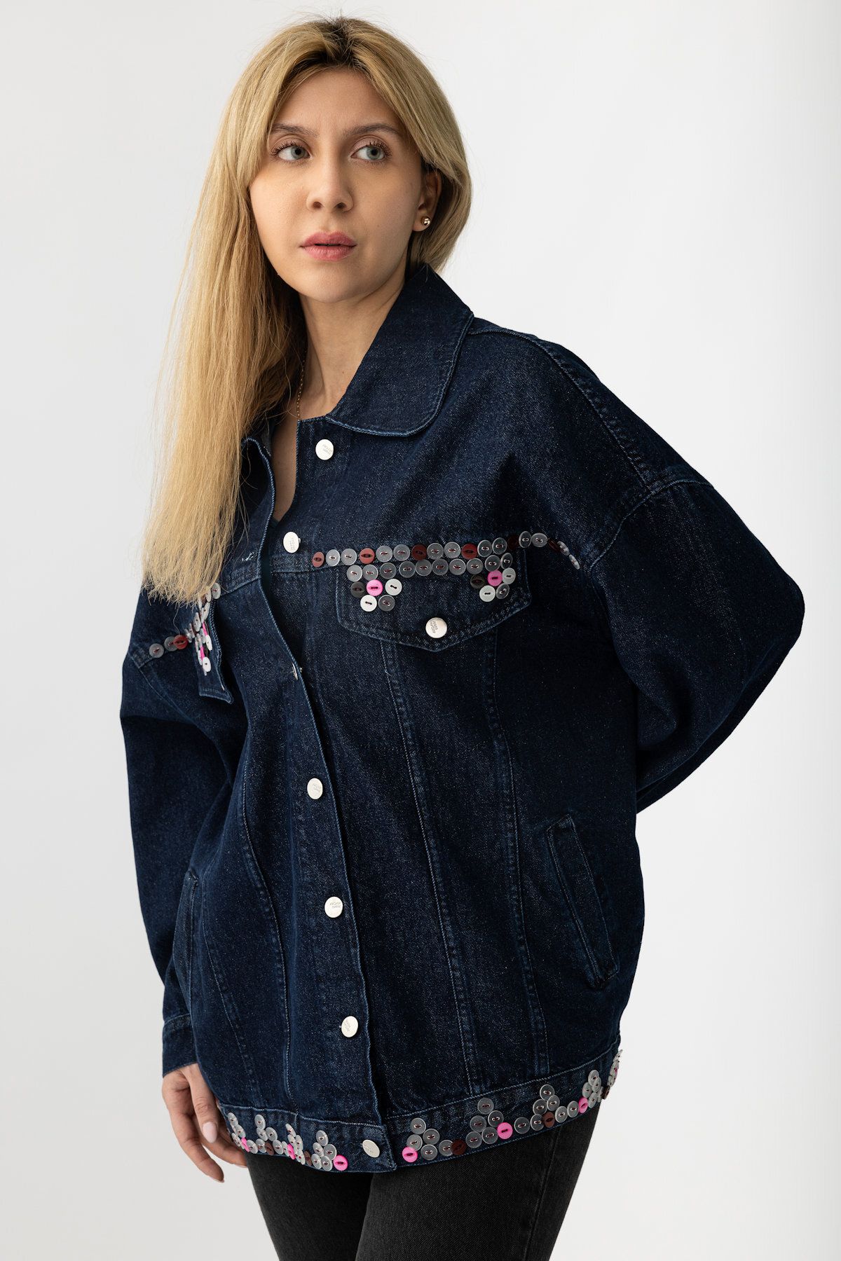 Suede Style 5470 - Düğme Aksesuar Detaylı Rahat Şık Kadın Kot Ceket