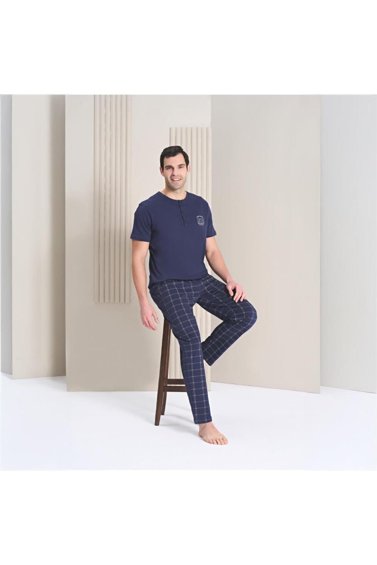 Over Sleep by Poleren Over Sleep 1753 Erkek Kısa Kol Uzun Alt Yazlık Pijama Takım