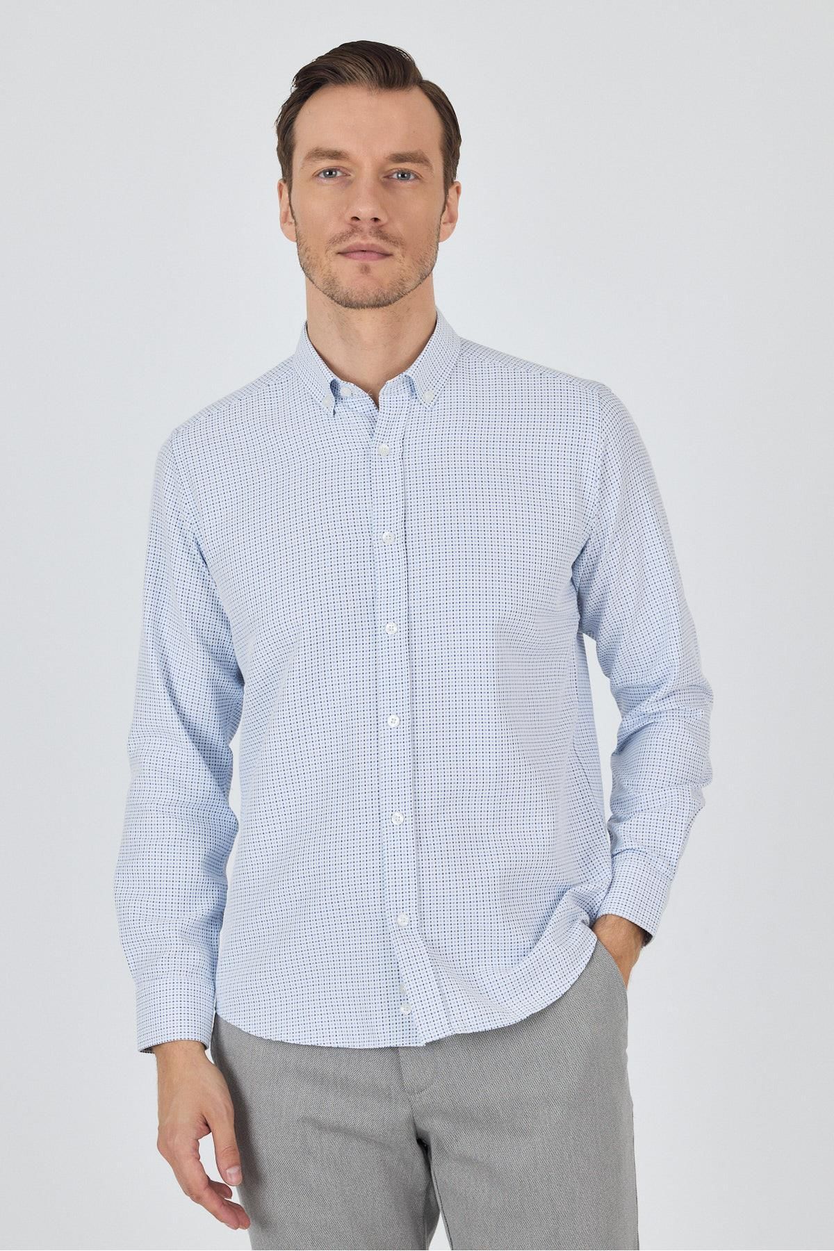 İmza Koyu Mavi Düğmeli Yaka Kendinden Desenli Classic Pamuklu Slim Fit Gömlek 1004250217