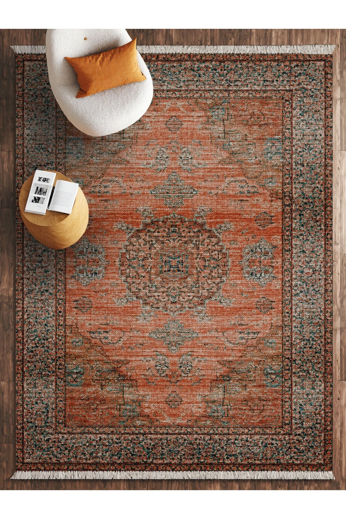 HALIZZON Turuncu Vintage Medallion Halı Sıcak Renkli Eskitme Dijital Halı