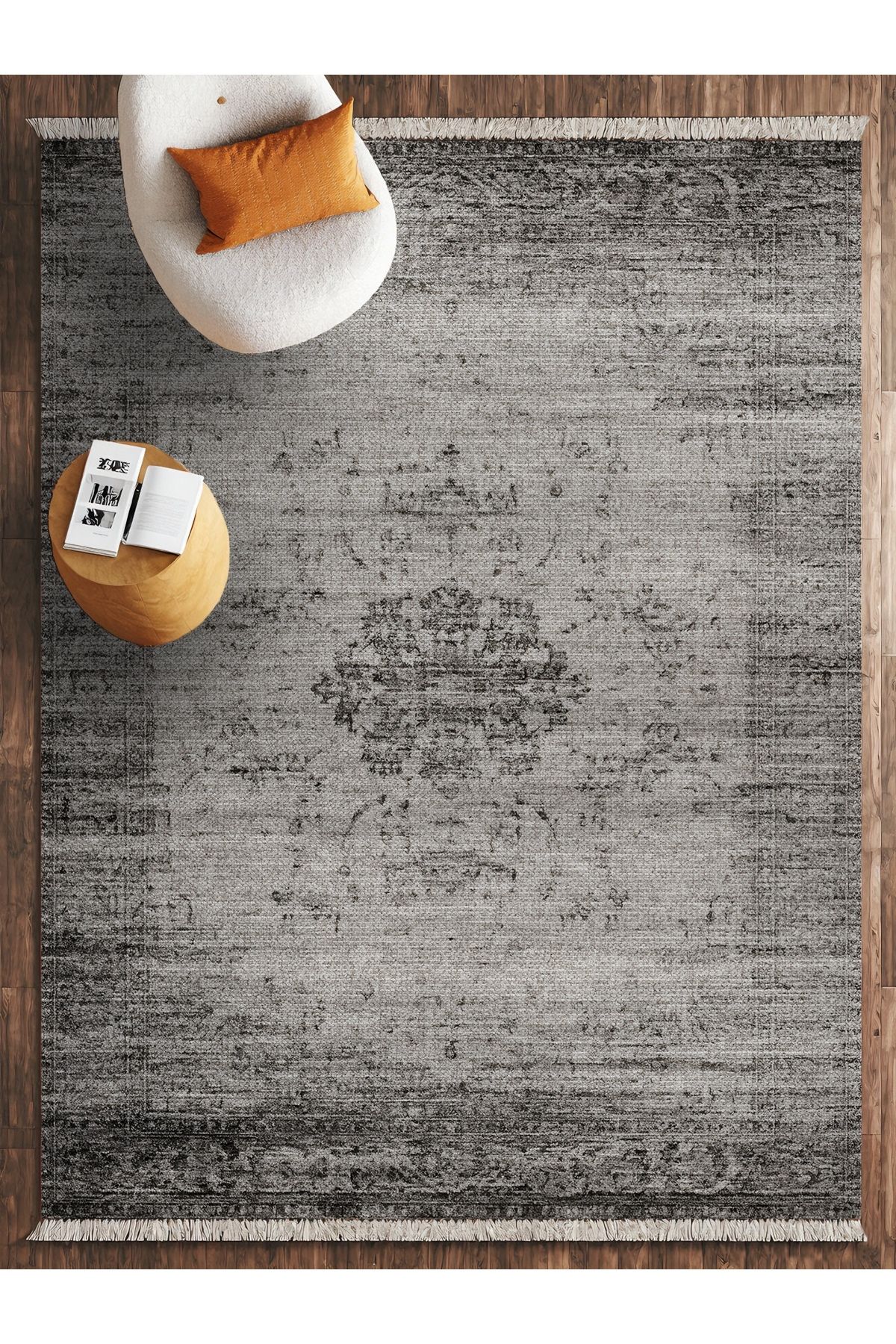 HALIZZON Gri Vintage Eskitme Halı Modern Tarz Dijital Baskı Salon Alan Halısı