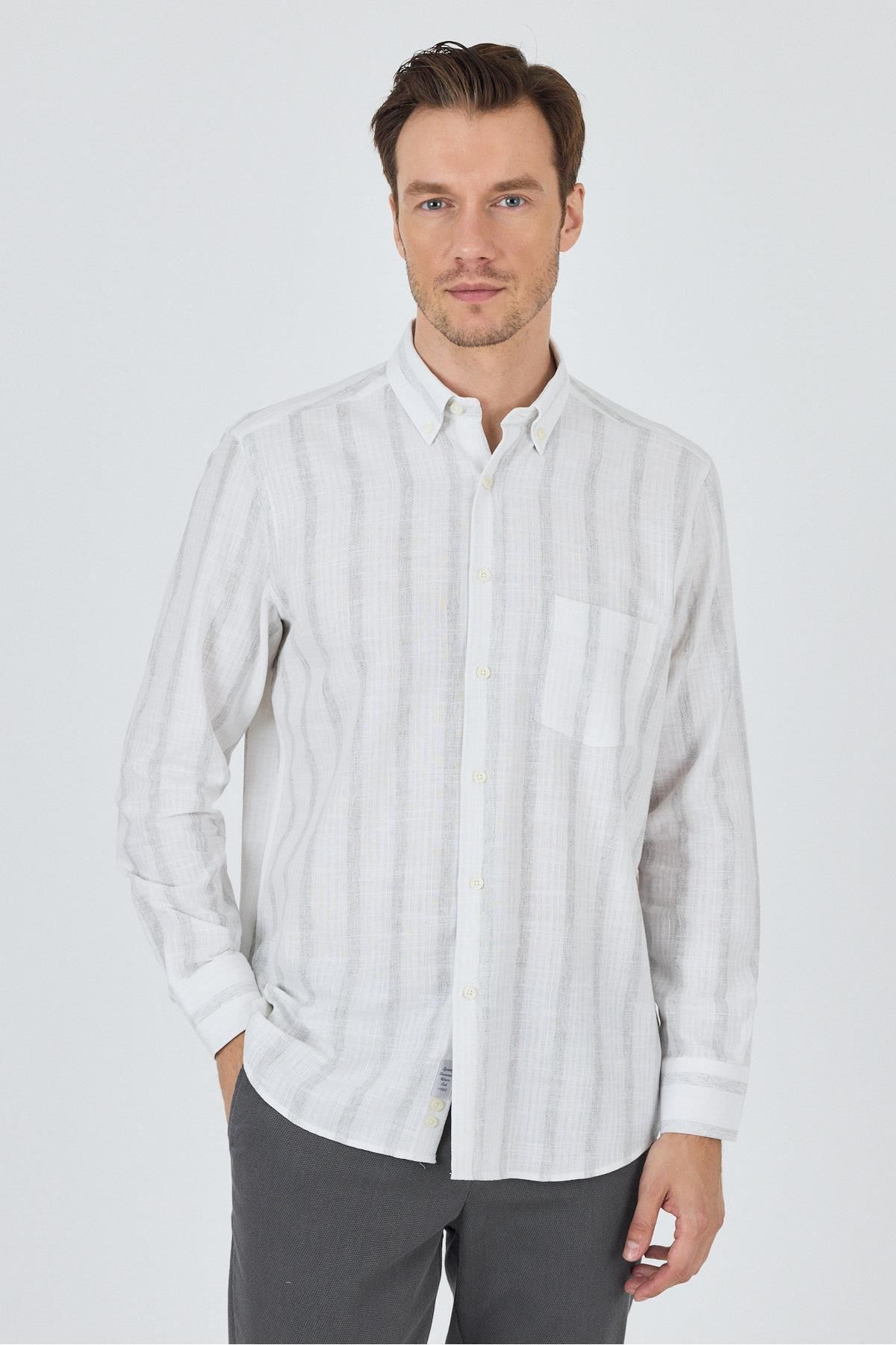 İmza Uzun Kol Çizgili Desen Bez Ayağı Düğmeli Yaka cepli Pamuklu Casual Comfort Fit Gömlek 1004250190