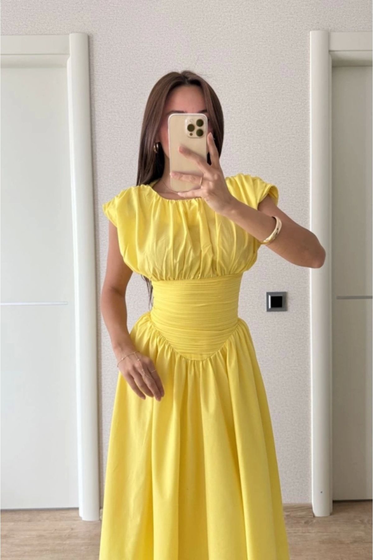 Butik Kolsuz Bel Detaylı Yazlık Poplin Kumaş Uzun Elbise - Sarı
