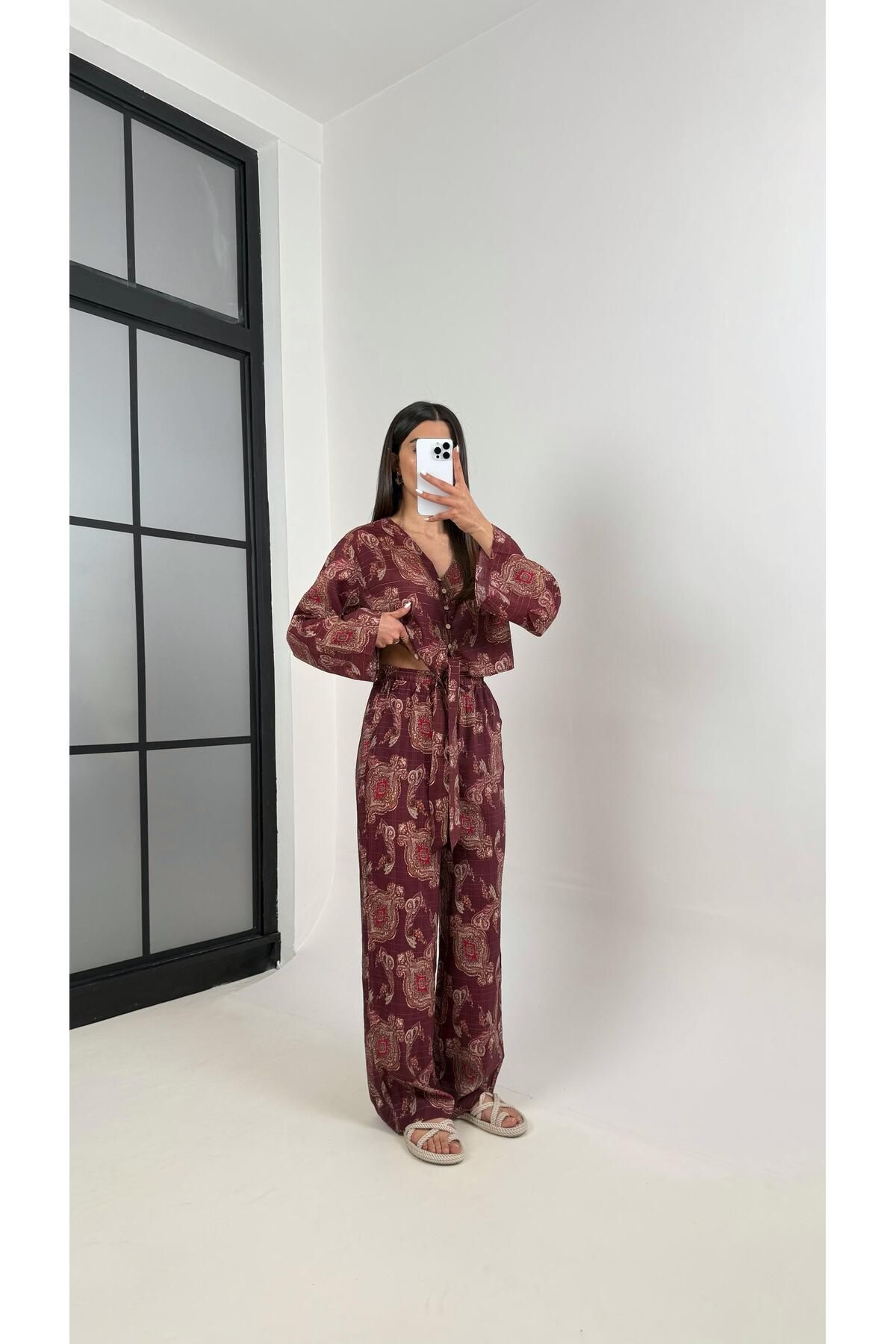 Gaus Mürdüm V Yaka Önü Düğmeli Üst Beli Lastikli Pantolon Etnik Desen Takım Gaus00362