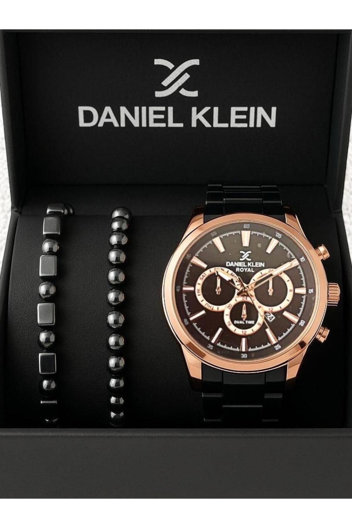 Daniel Klein Royal Rose Siyah Orijinal Erkek Kol Saati & Bileklik Seti – Şık Hediye Kutusunda