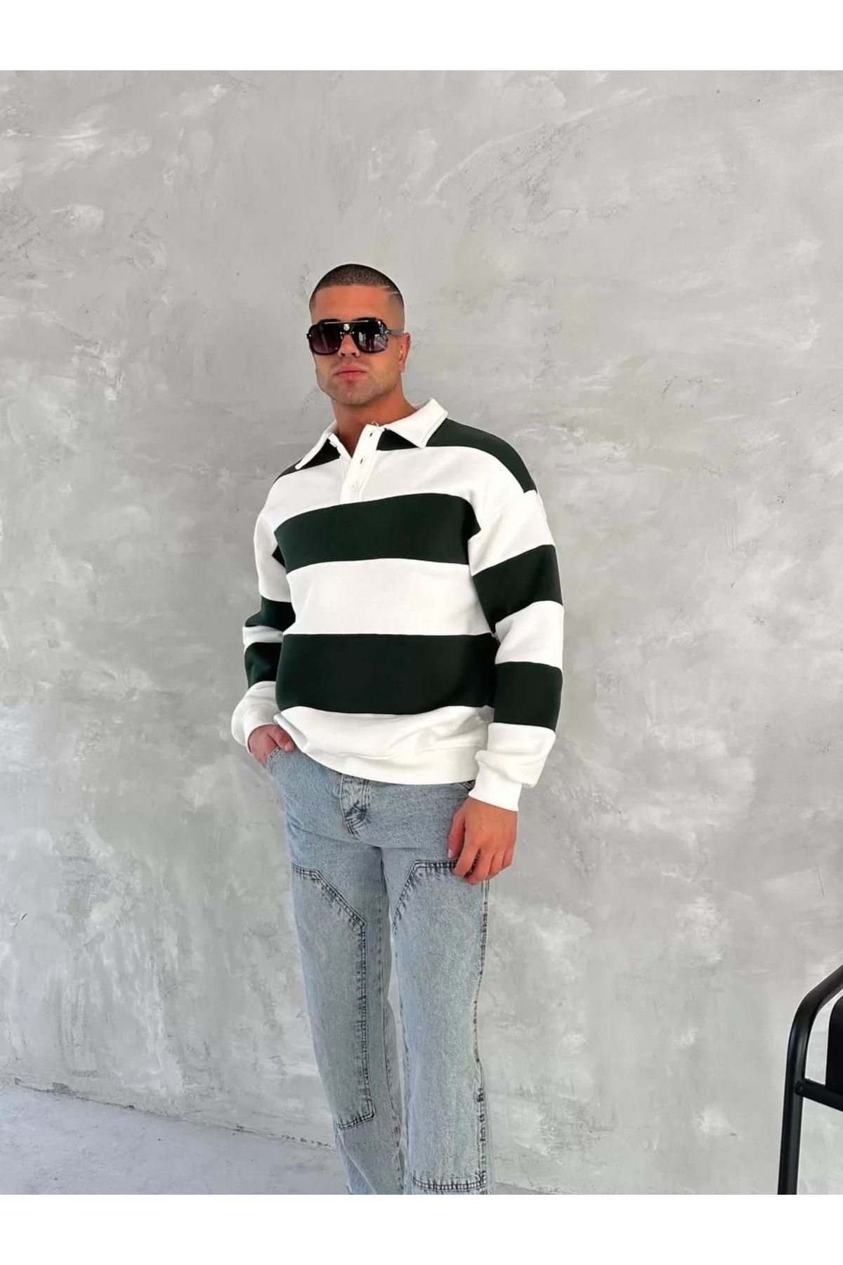 luz&pos Unisex Üç İplik Parçalı Yakalı SweatShirt - Yeşil