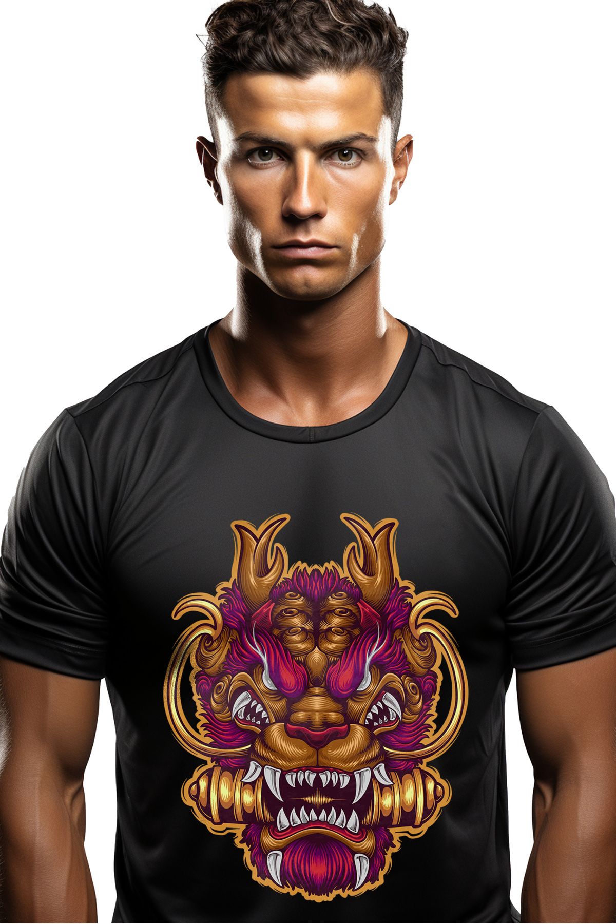StoryGift Romania Tricou Bărbătesc Cu Dragon, Mască, Colți, Asiatic, Cu Imprimeu Pe Față, 100% Bumbac, Negru, Stg Masculin - M