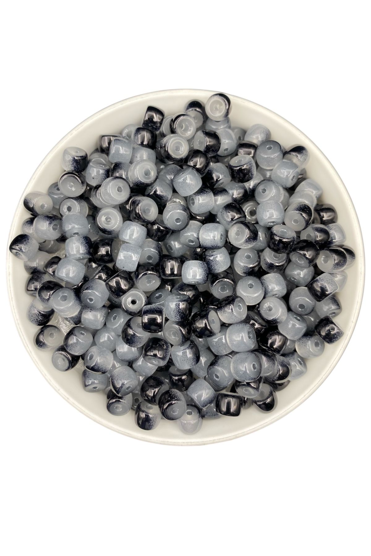 Hedef Bijuteri 50gr Cam Silindir 9x6mm Ebruli Gri -Siyah Boncuk Takı,Hobi, Aksesuar Boncuğu (50gr, ~70 adet)