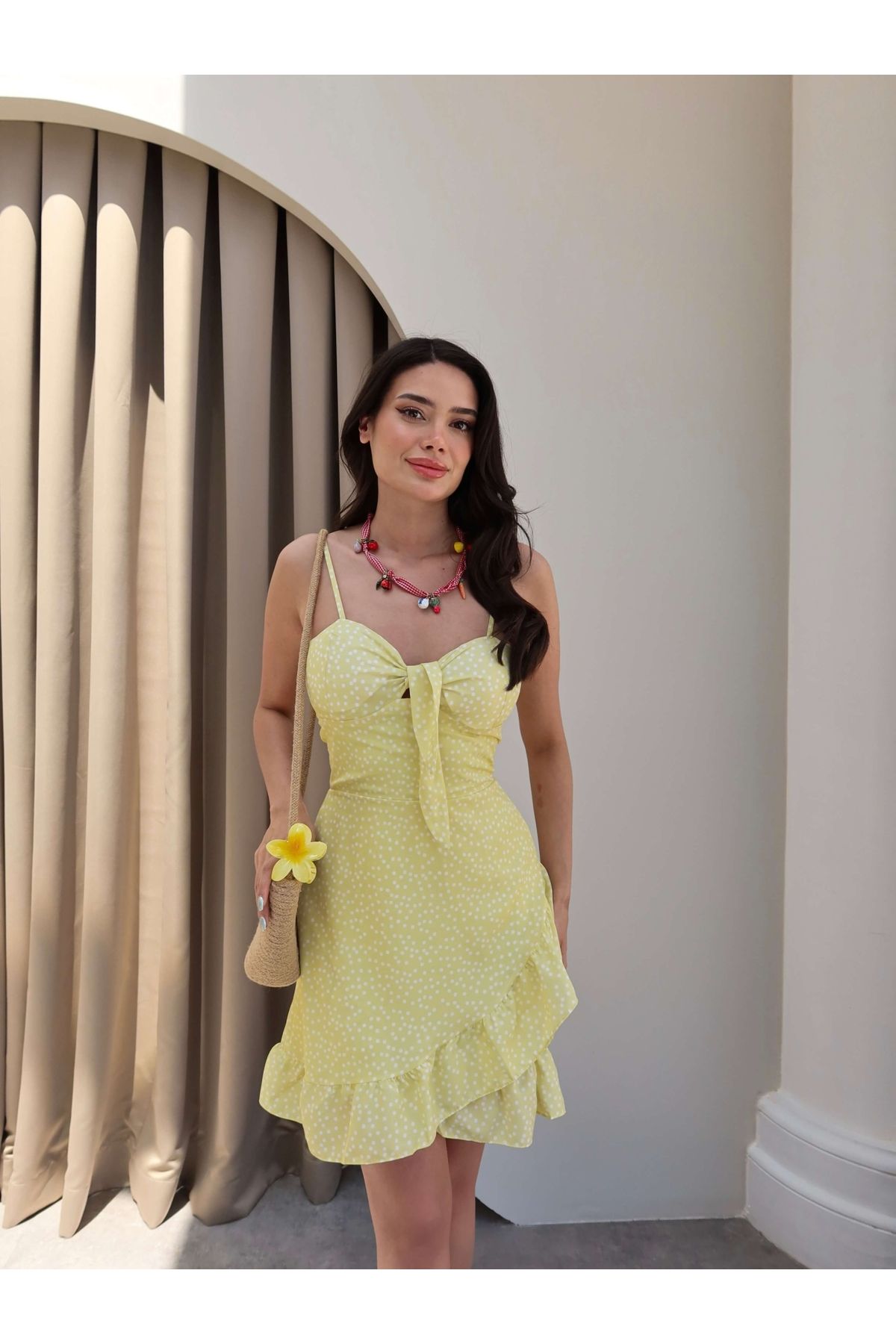 ESRAHELVACI Puantiyeli Göğüs Bağlı Mini Elbise