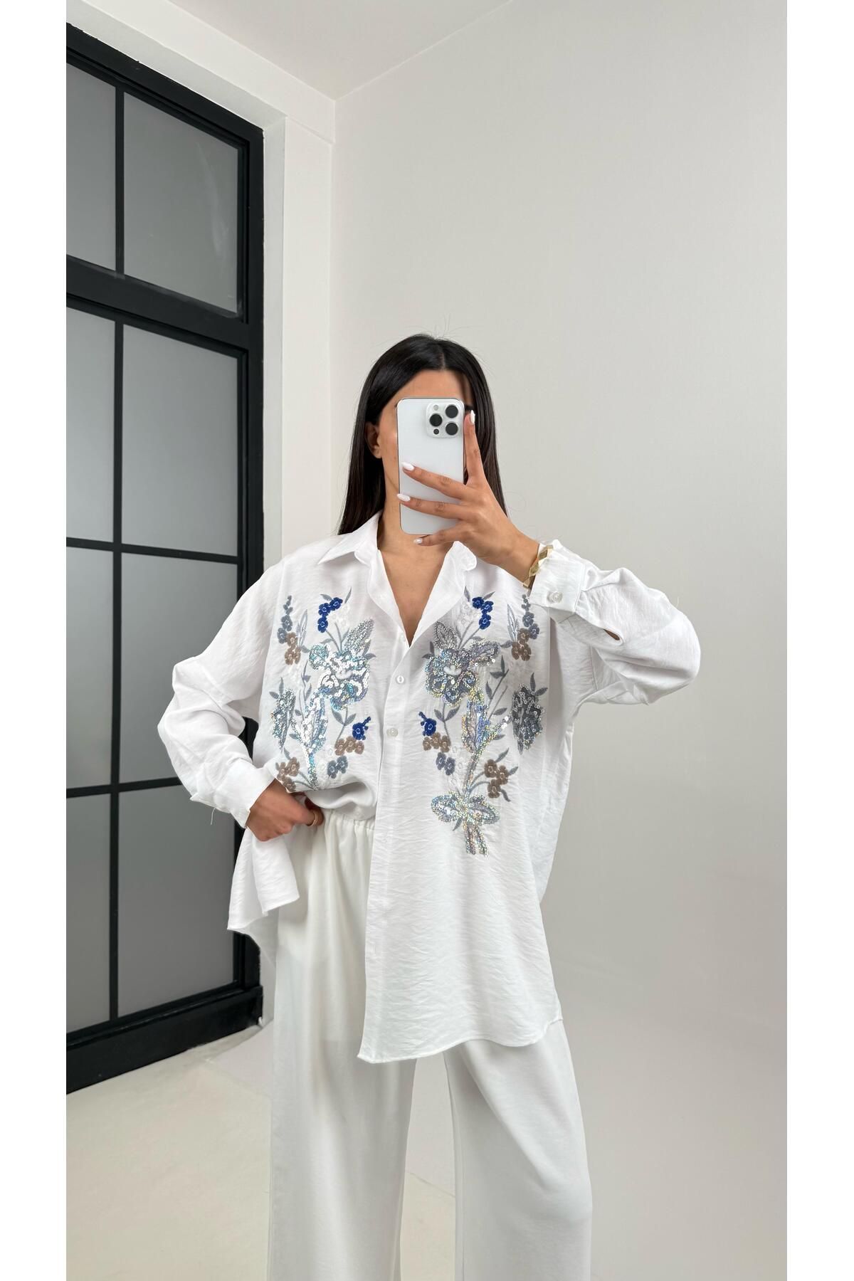 Gaus Beyaz Çiçek Nakışlı Pullu Gömlek Gaus00357
