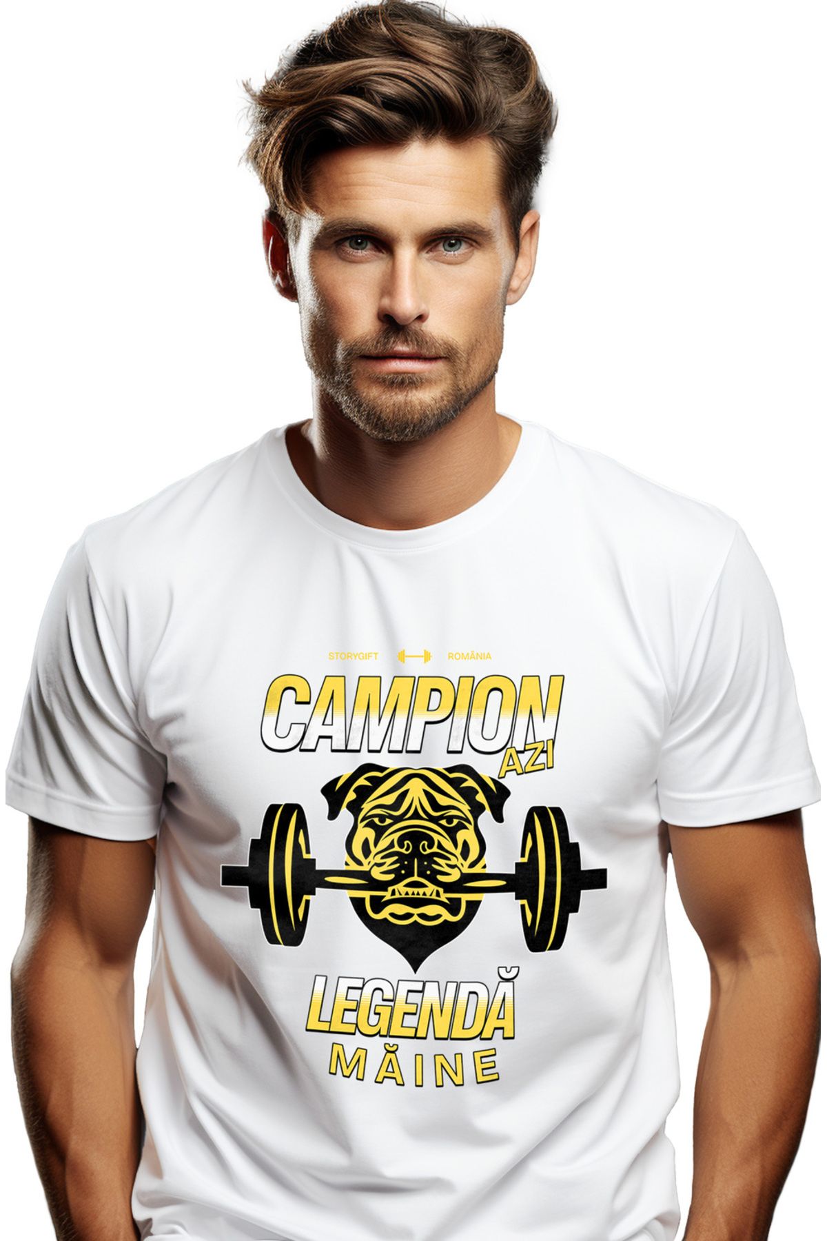 StoryGift Romania Tricou Barbati Campion Azi, Legenda Maine, Caine Cu Bara Greutati, Motivational Sport Cu I Stg Masculin - L