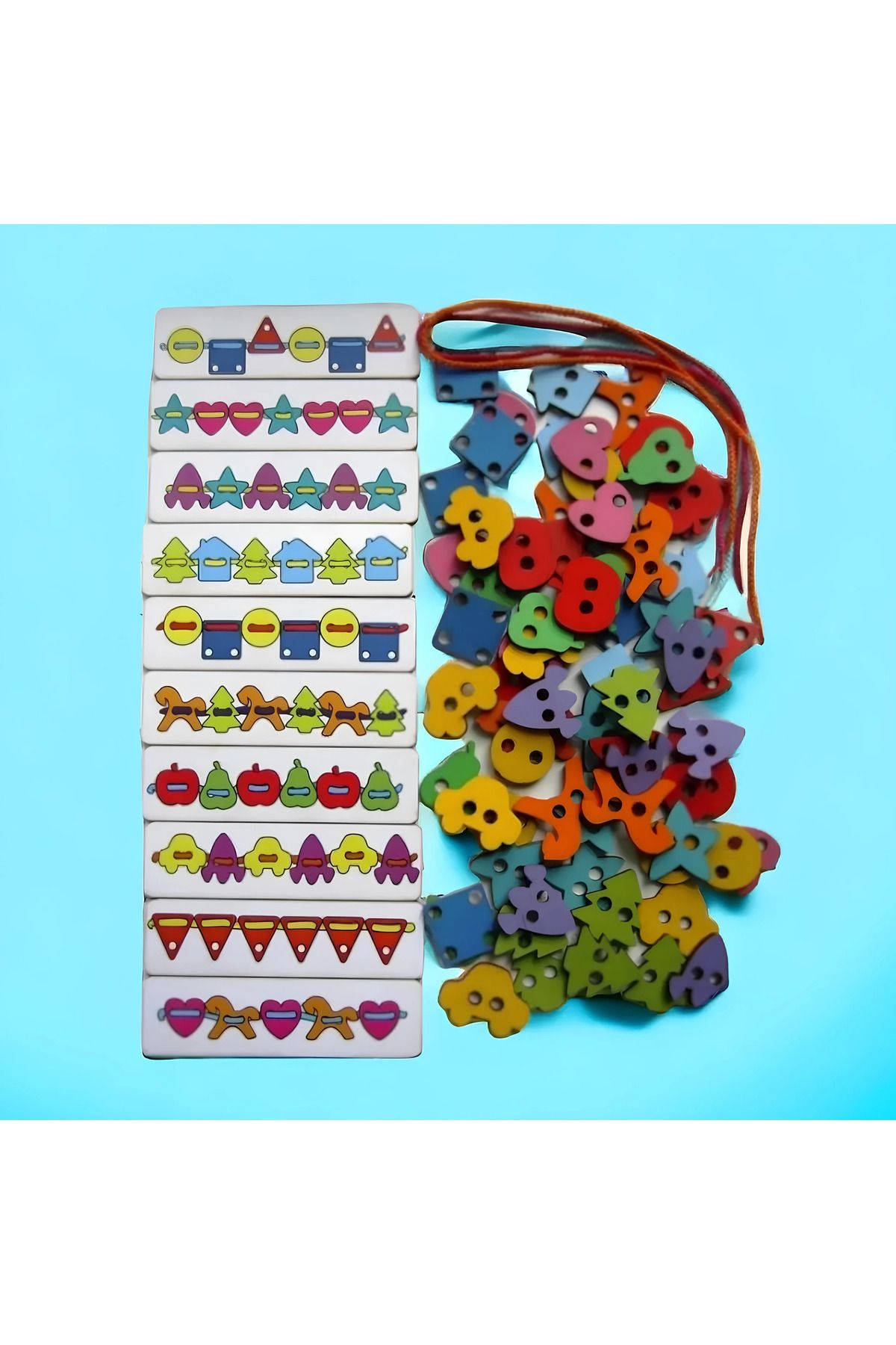 STEMXR Montessori Ahşap Geometrik Figür İp Geçirme Oyunu Kartlı 10'lü