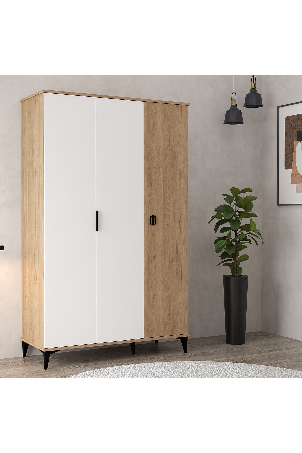Evmo Home 6303 Neva 3 Kapılı 200 Cm Gizli Çekmeceli Gardırop , Elbise Dolabı , Genç Odası Beyaz Sepet