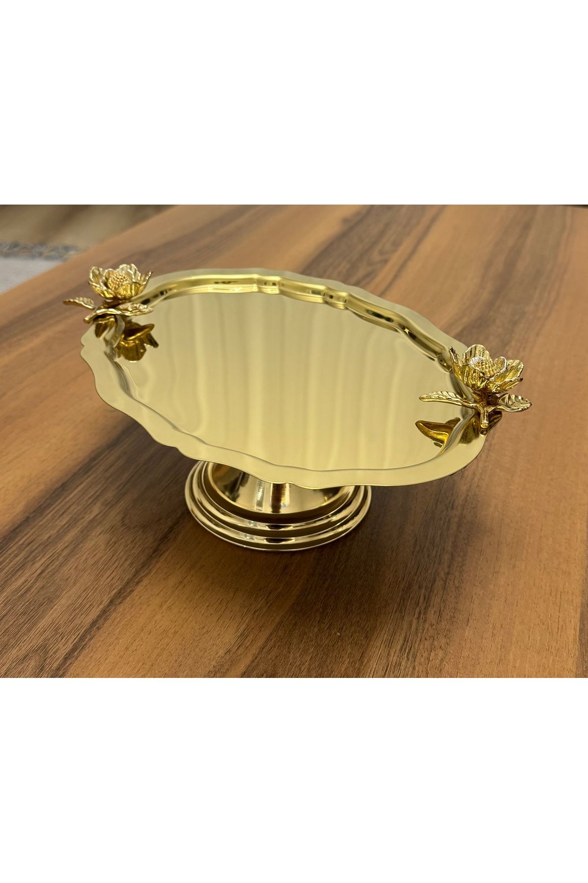 Elzemm store GOLD RENK ÇELİK GOLD AYAKLI OVAL GÜL AKSESUARLI KEK KURABİYE STANDI 1 ADET