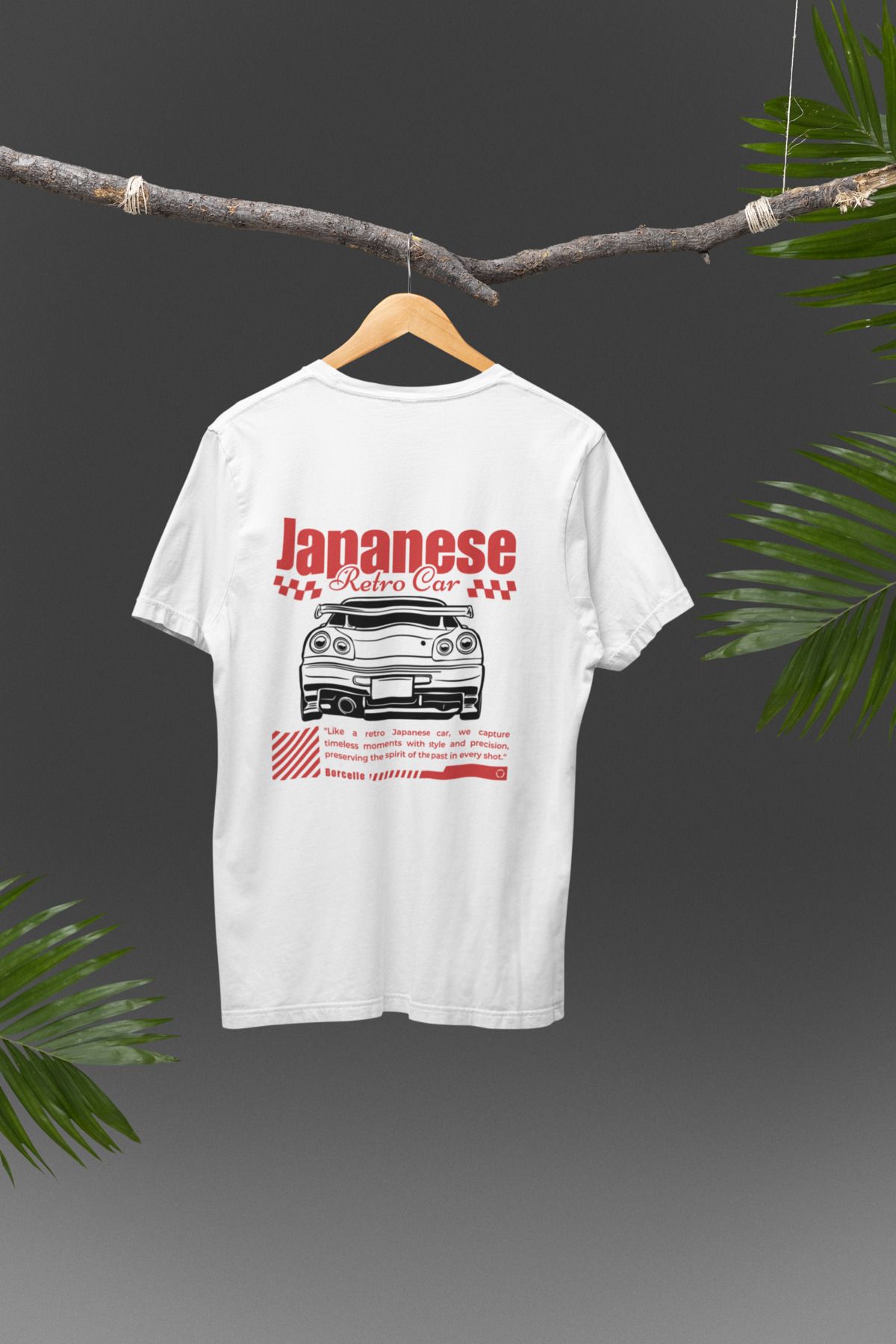 Lyonis Unisex Beyaz Japanese Retro Car Baskılı Bisiklet Yaka Penye T-Shirt
