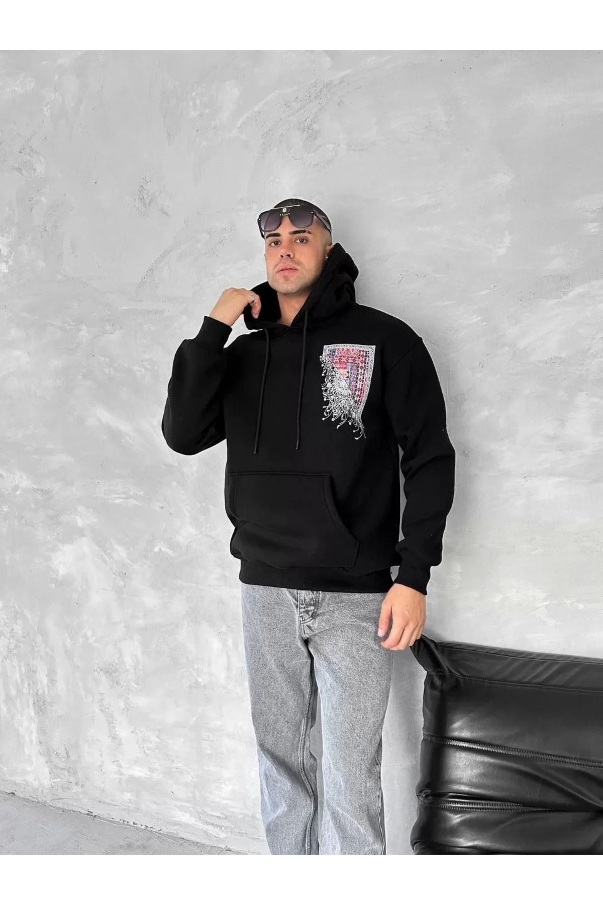luz&pos Uzun Kol Kapüşonlu Ön Ve Arka Baskılı SweatShirt - Siyah