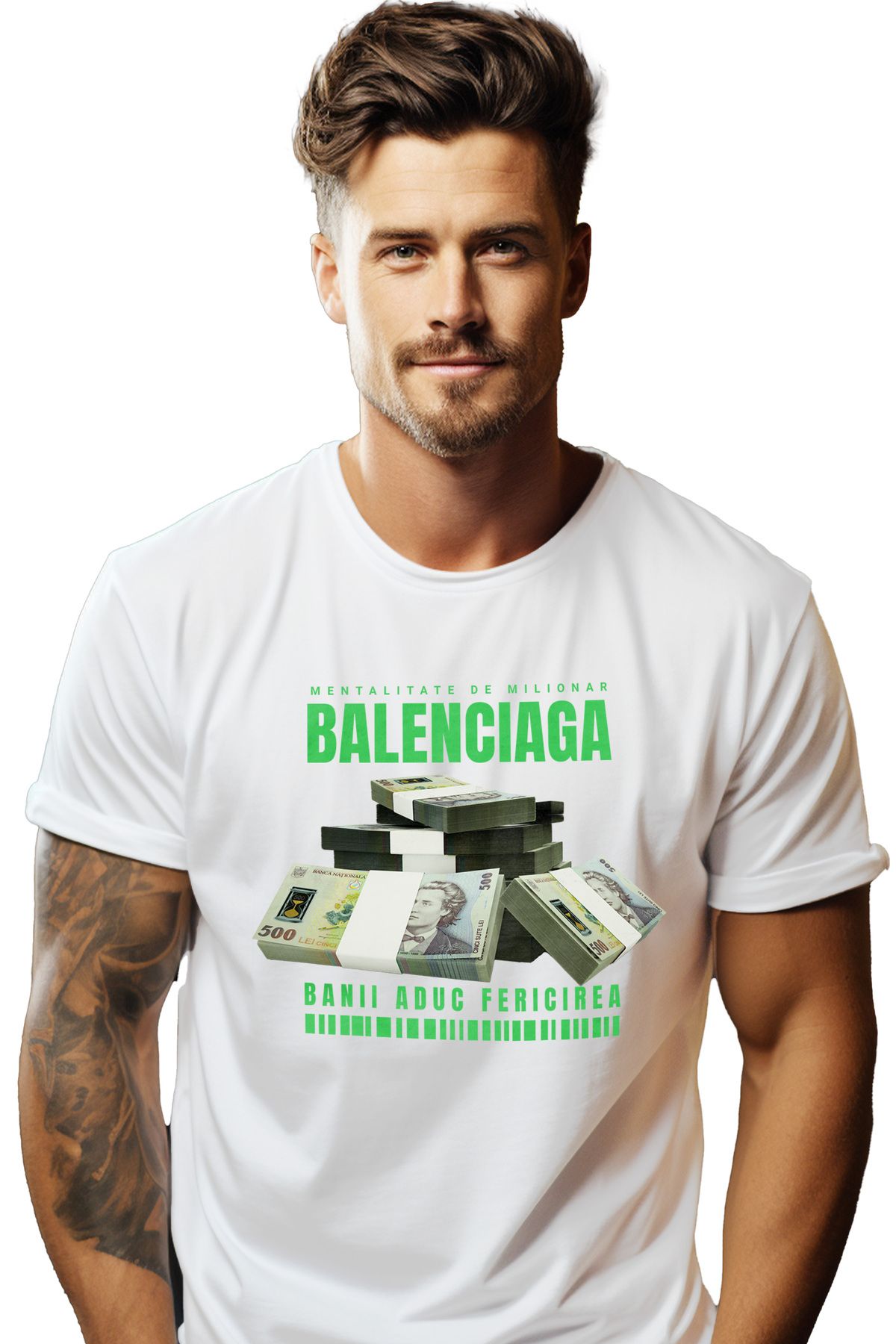 StoryGift Romania Tricou Barbati Balenciaga - Banii Aduc Fericirea Cu Imprimeu Pe Fata, 100% Bumbac, Alb, Stg Masculin - L