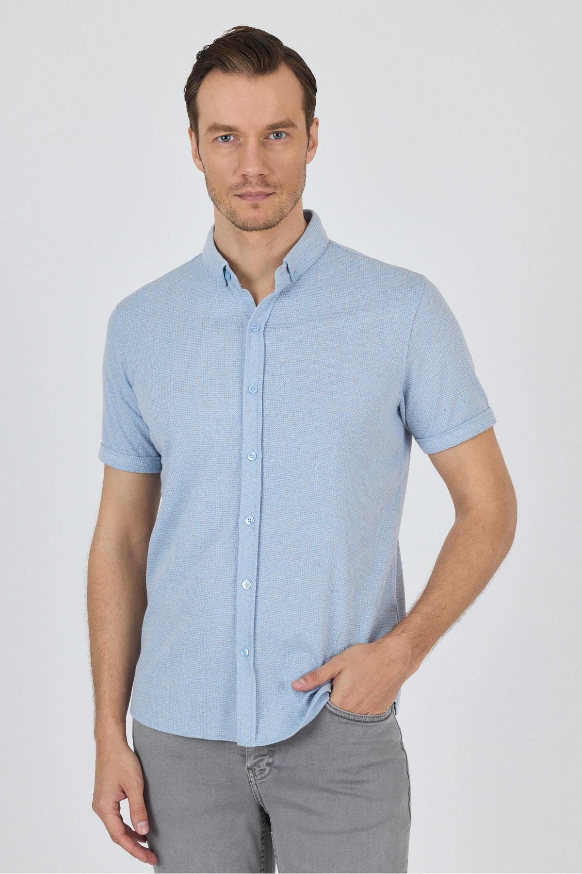 İmza Koyu Mavi Kısa Kol Düz Örme Düğmeli Yaka Cepsiz Pamuklu Classic Slim Fit Gömlek 1004250155_300