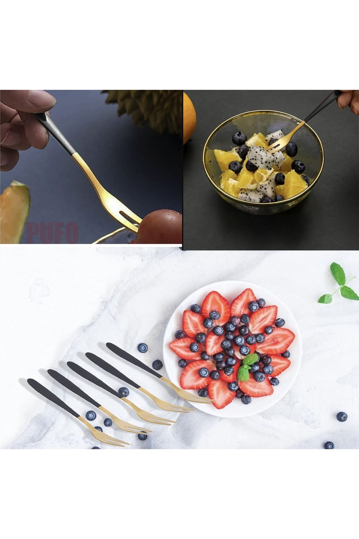 PUFO-Set of 2 Luxury dessert forks, fruit, shells, snail serving, steel, 12 cm, gold/black 3