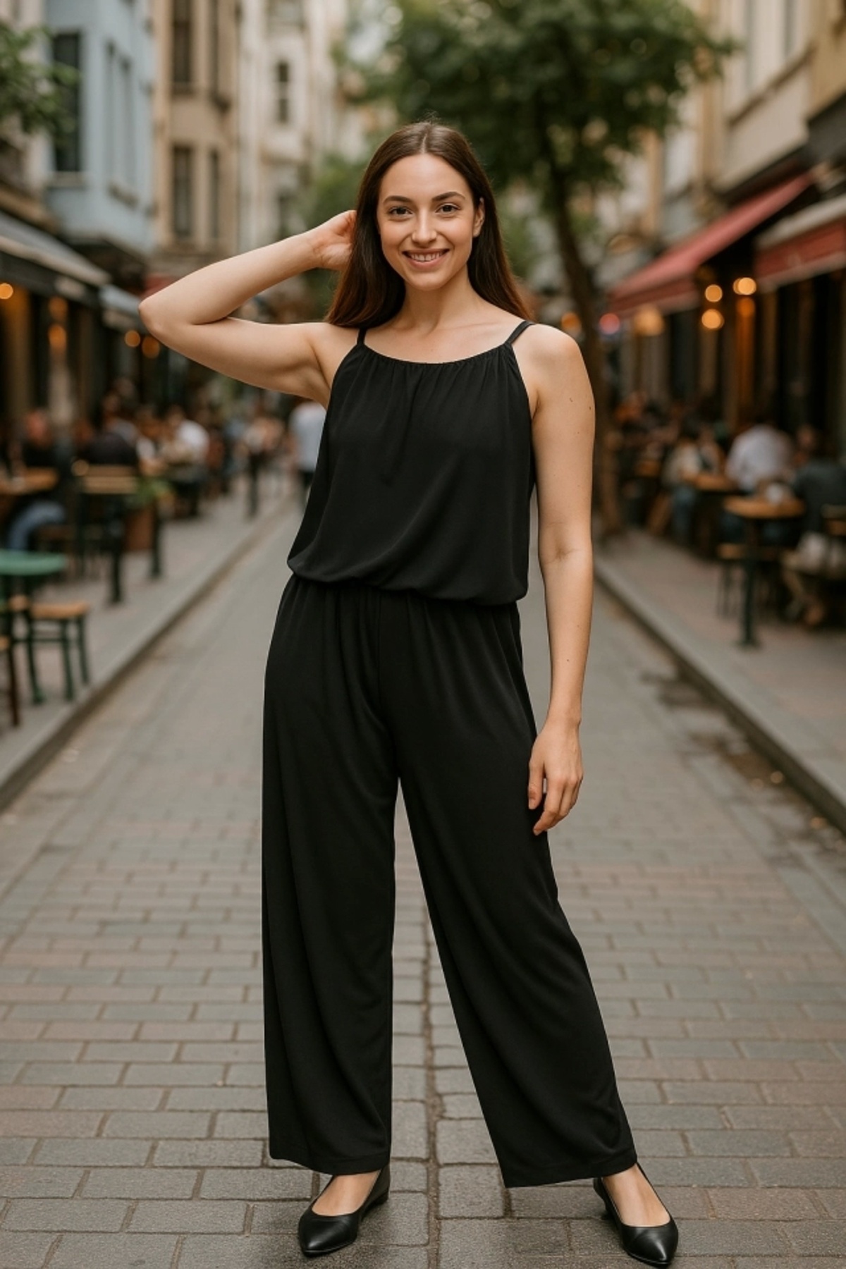 Butik Kadın Rahat Kesim Askılı Bol Paça Sandy Kumaş Tulum&Elbise