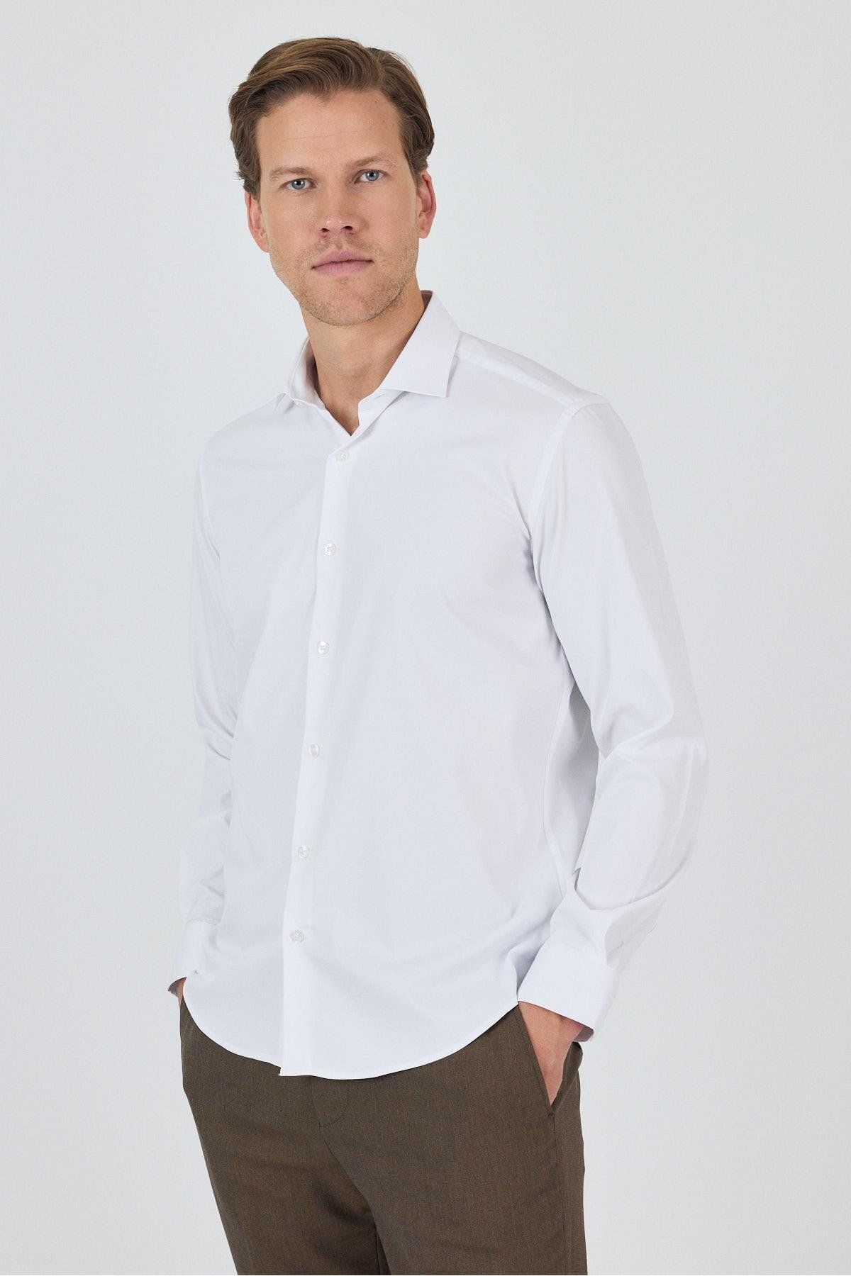 İmza Uzun Kol Düz Bez Ayağı Sert Yaka Cepsiz Pamuklu Classic Slim Fit Gömlek 1004250160