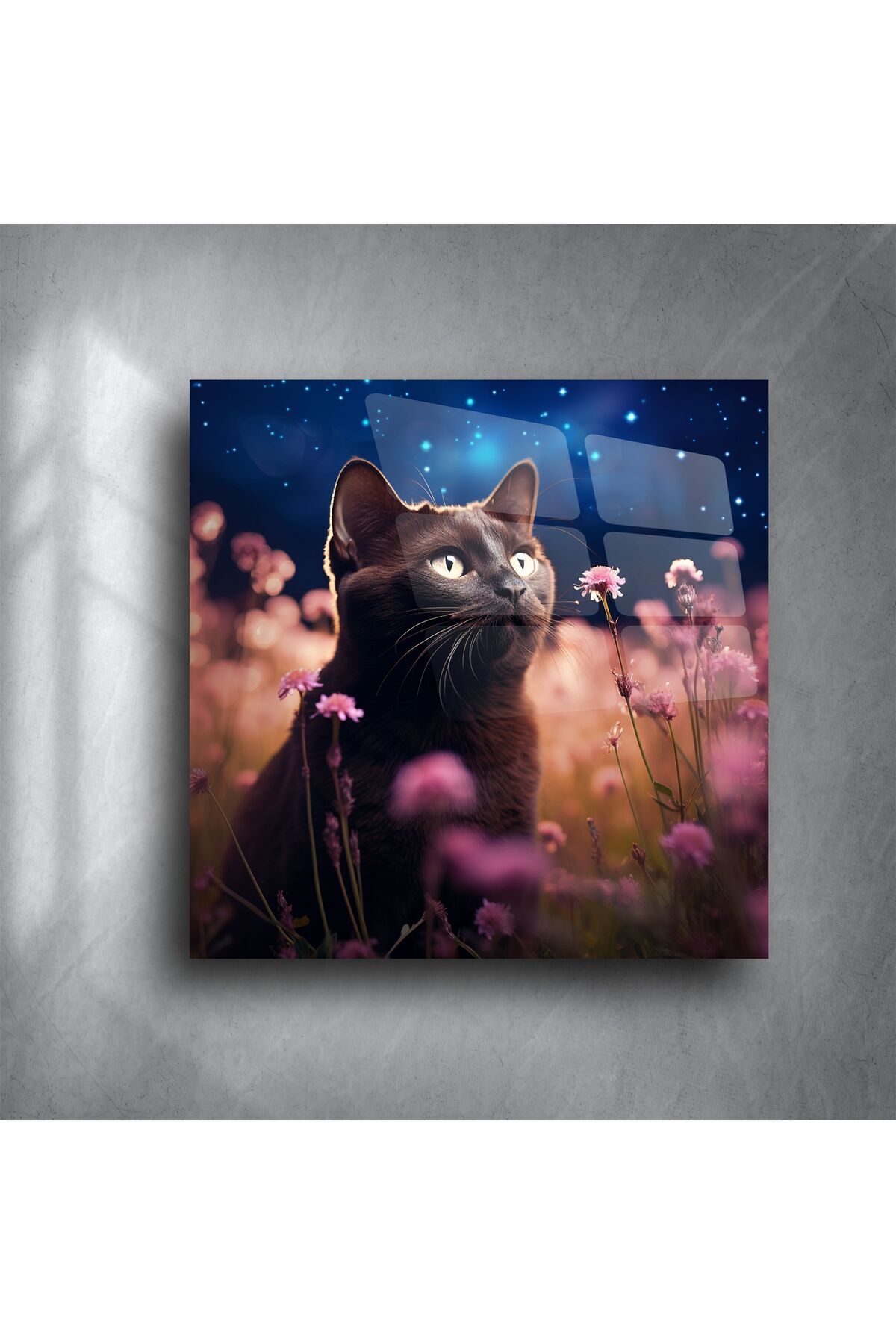 LEYLASER Yıldızlı Gece ve Çiçekler Arasında Siyah Kedi Cam Tablo
