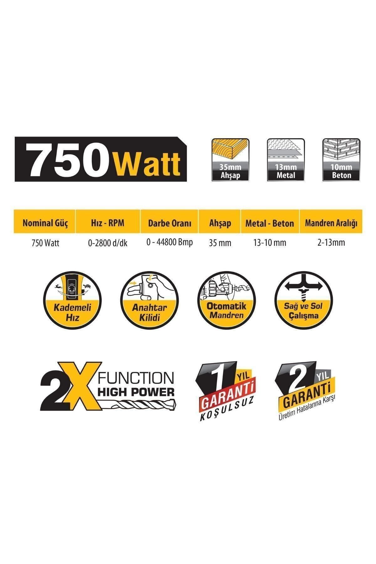 750 Watt Güçlü Darbeli Matkap Devir Ayarlı Delme Vidalama Makinesi - 7