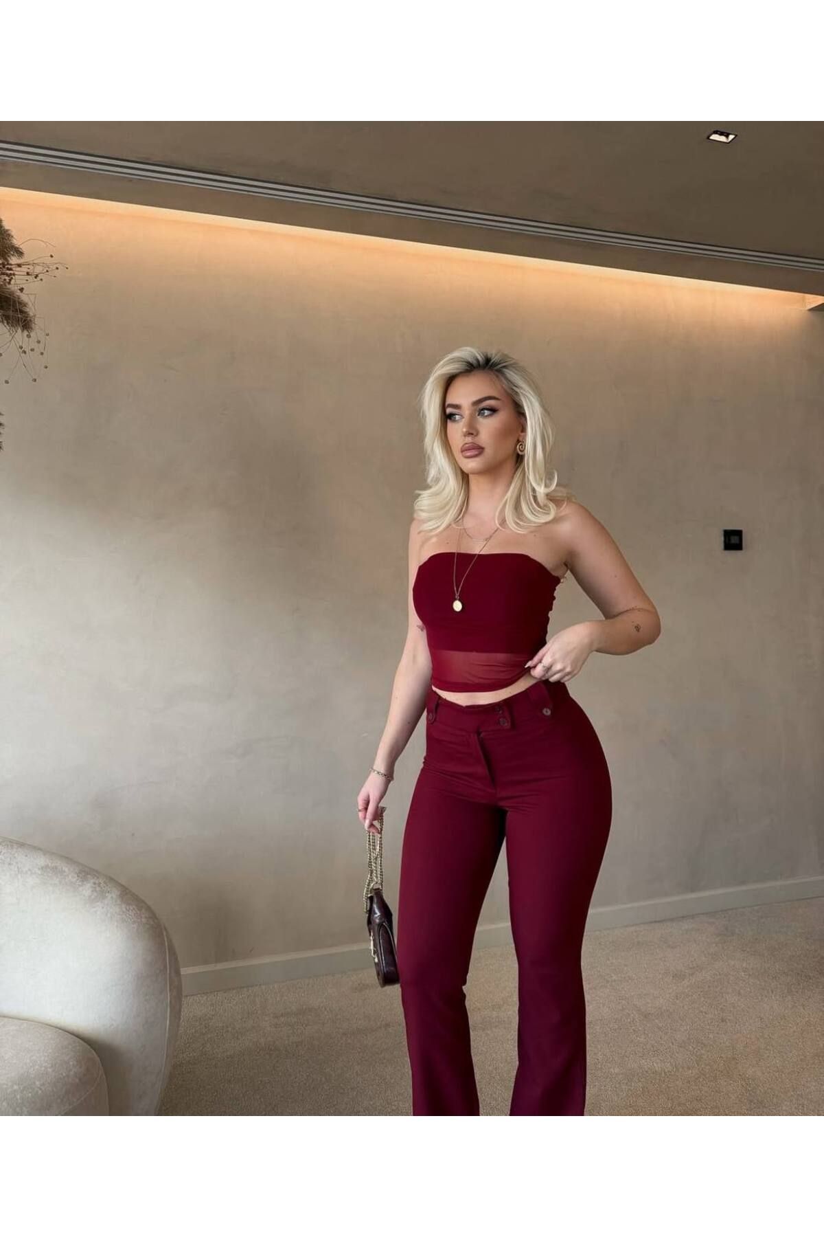 VİSKALİ Straplez Tül Crop Kumaş Pantalon Takım